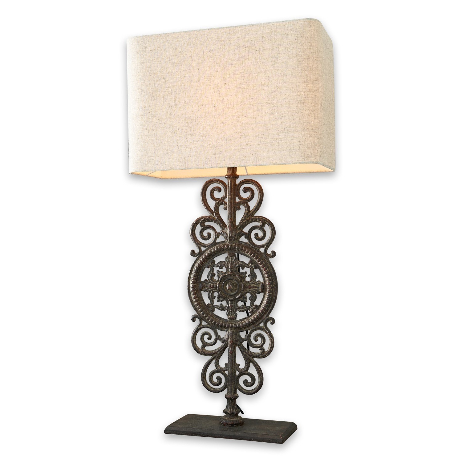 Tafellamp met decoratieve metalen voet en beige kap voor woonkamer