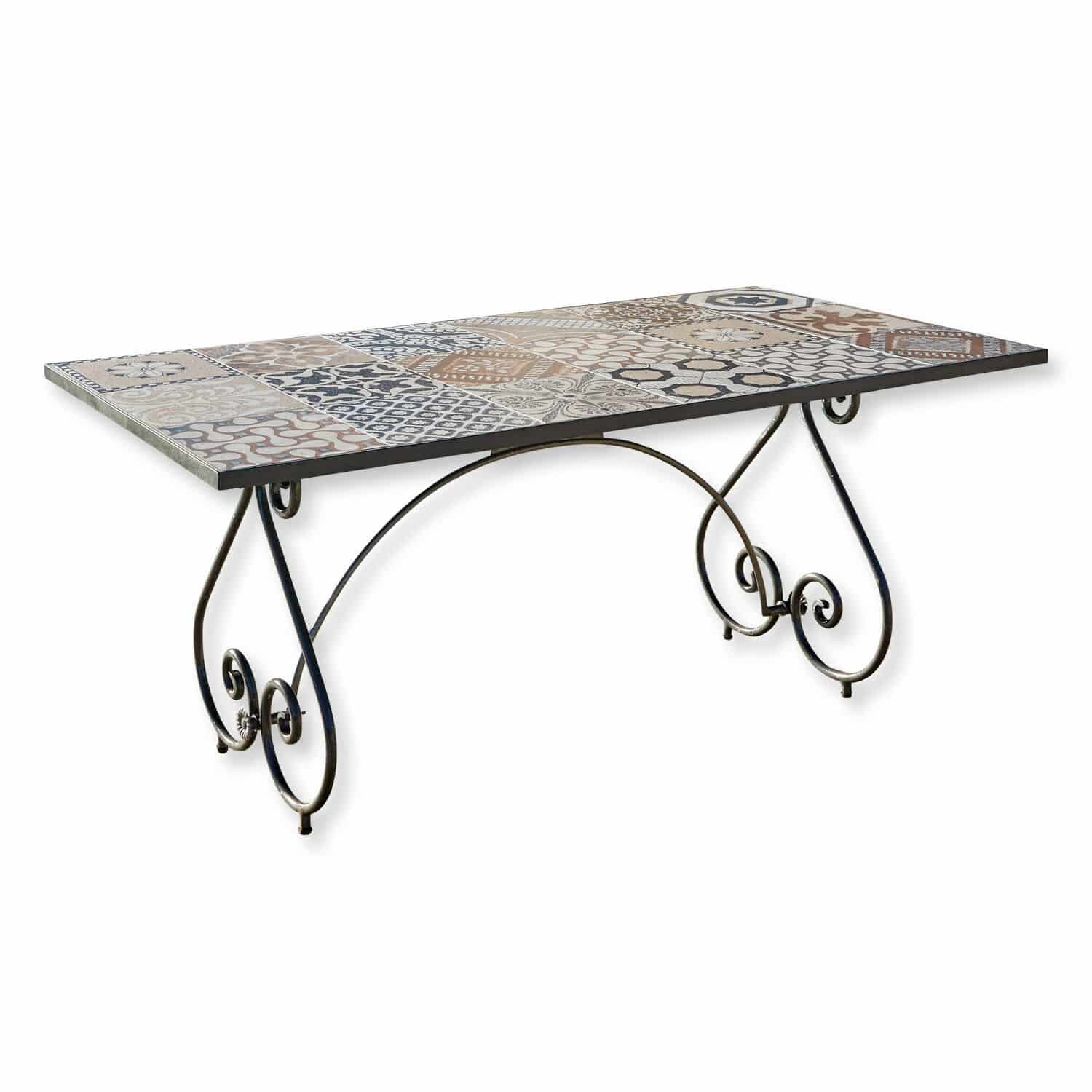 Tafel Grainville Tafel met metalen poten en keramische tegelblad in beige-bruine patronen