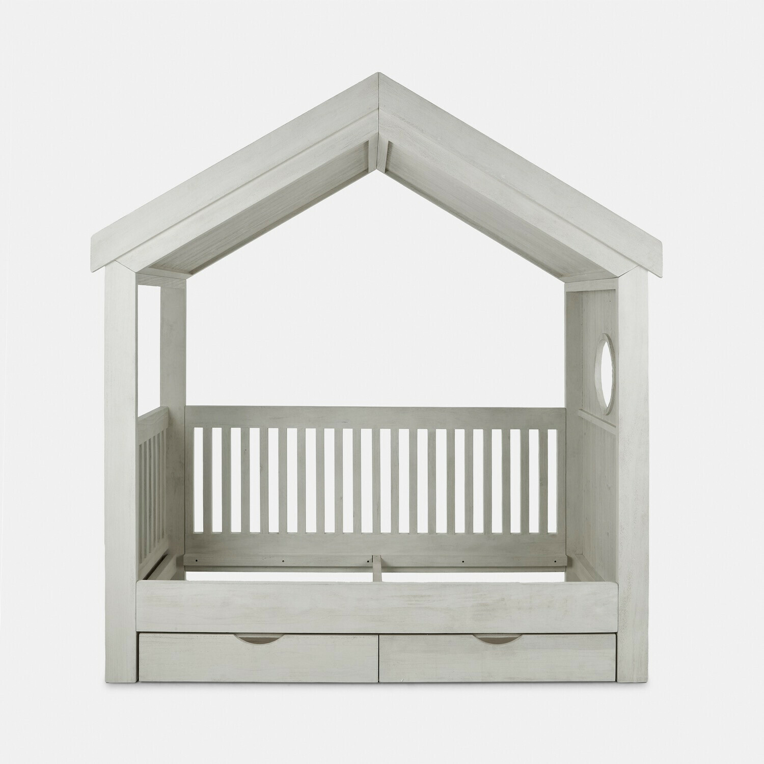 Eenpersoonsbed Birchwell Witte houten kinderbed in huisvorm met opberglades en rond raam voor extra opslagruimte