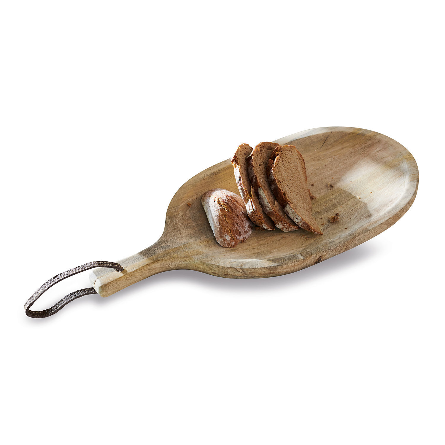 Borrelplank Journée Houten snijplank met handvat en leren lus, met enkele sneetjes brood.