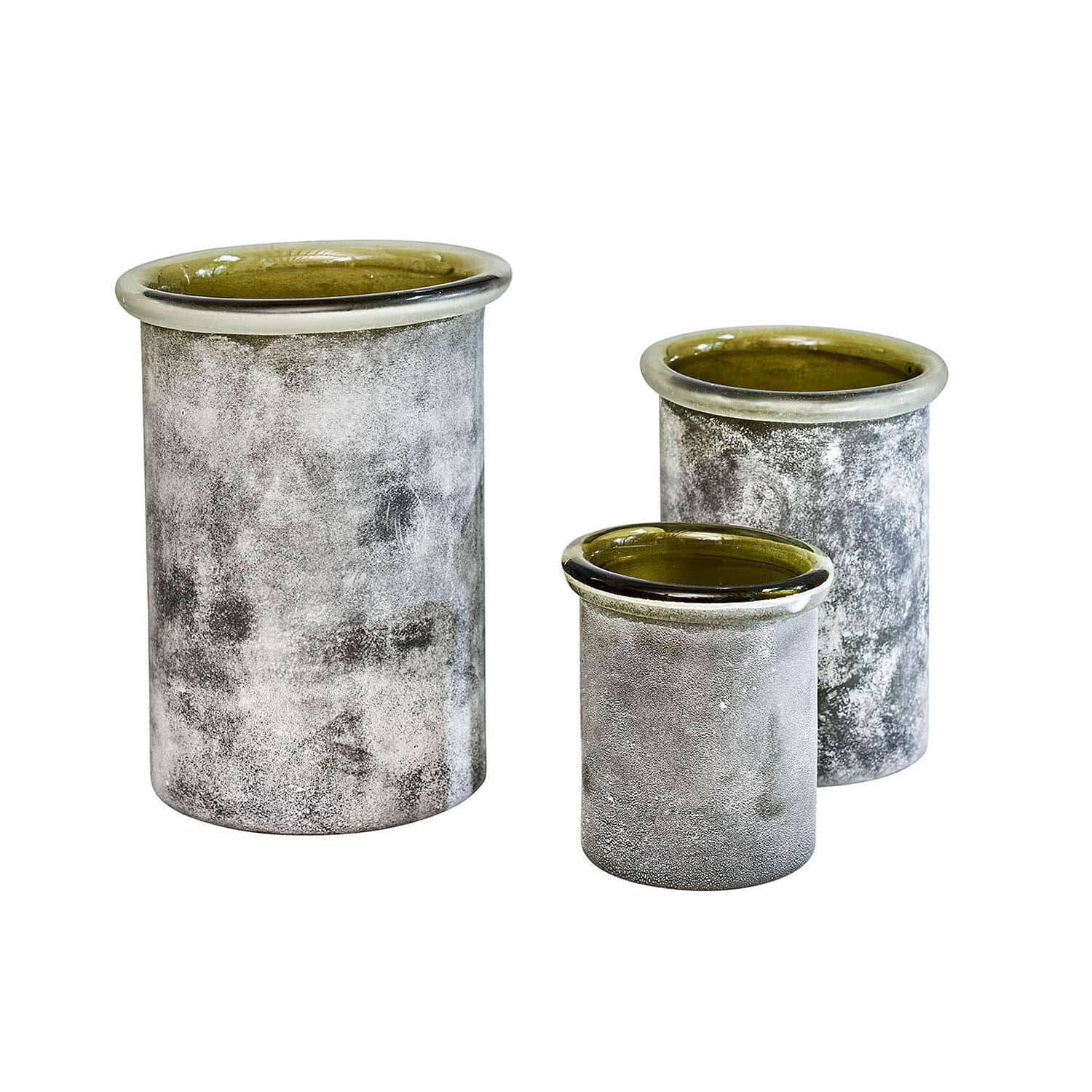 Windlicht set van 3 Iskira Set van drie keramische vazen in grijs met olijfgroene binnenkant en glanzende rand, matte afwerking
