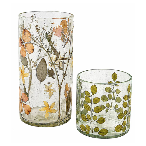 Glazen vazen met gedroogde bloemen- en bladmotieven, transparant met groen en oranje decoratief patroon