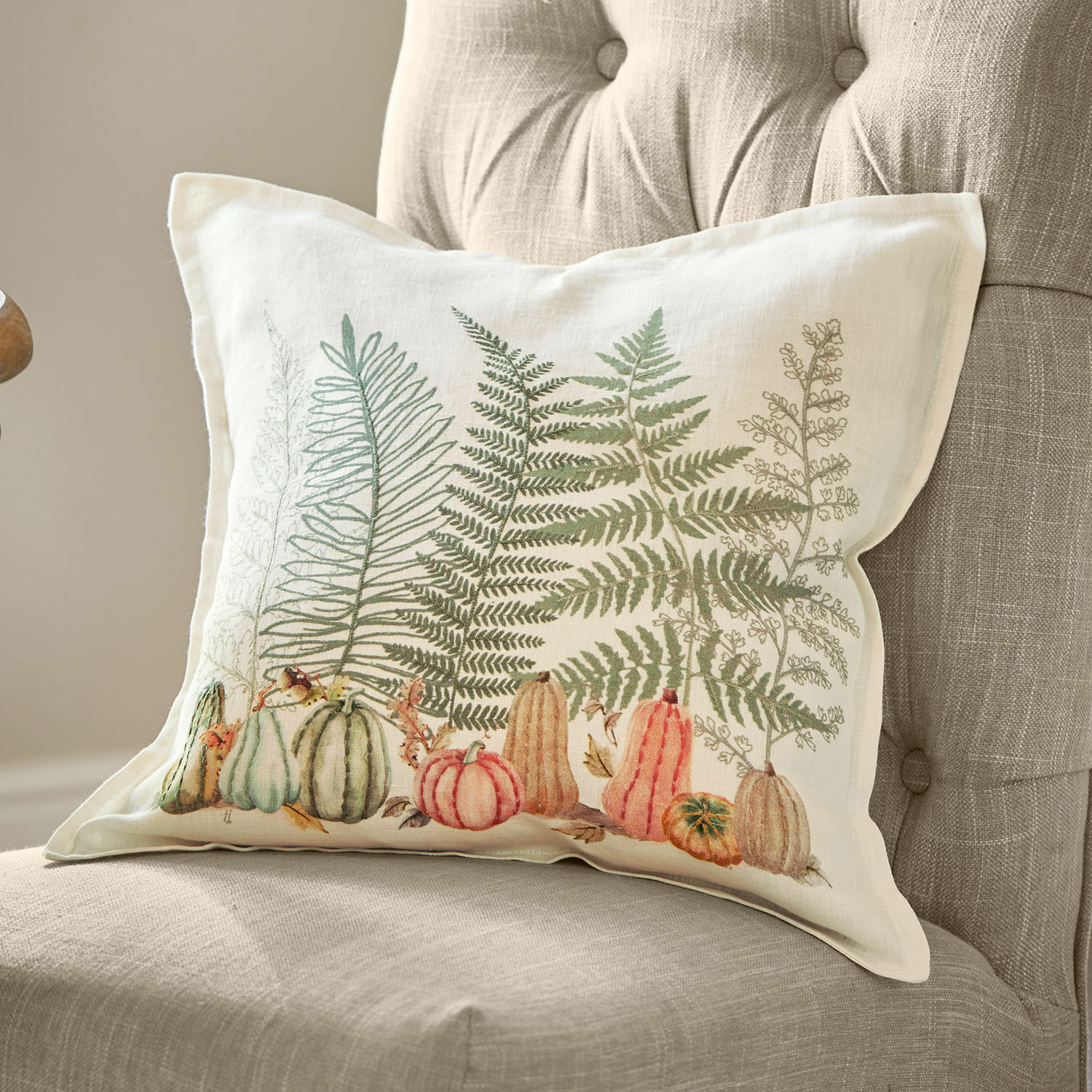 Kussenhoes Lorimare Decoratief katoenen kussen in crème met groene varen- en pompoenprint voor interieur