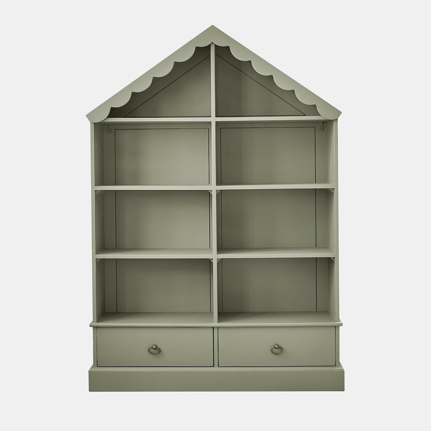 Groene houten Vaurillon kast met twee lades en decoratief dak, praktisch opbergmeubel