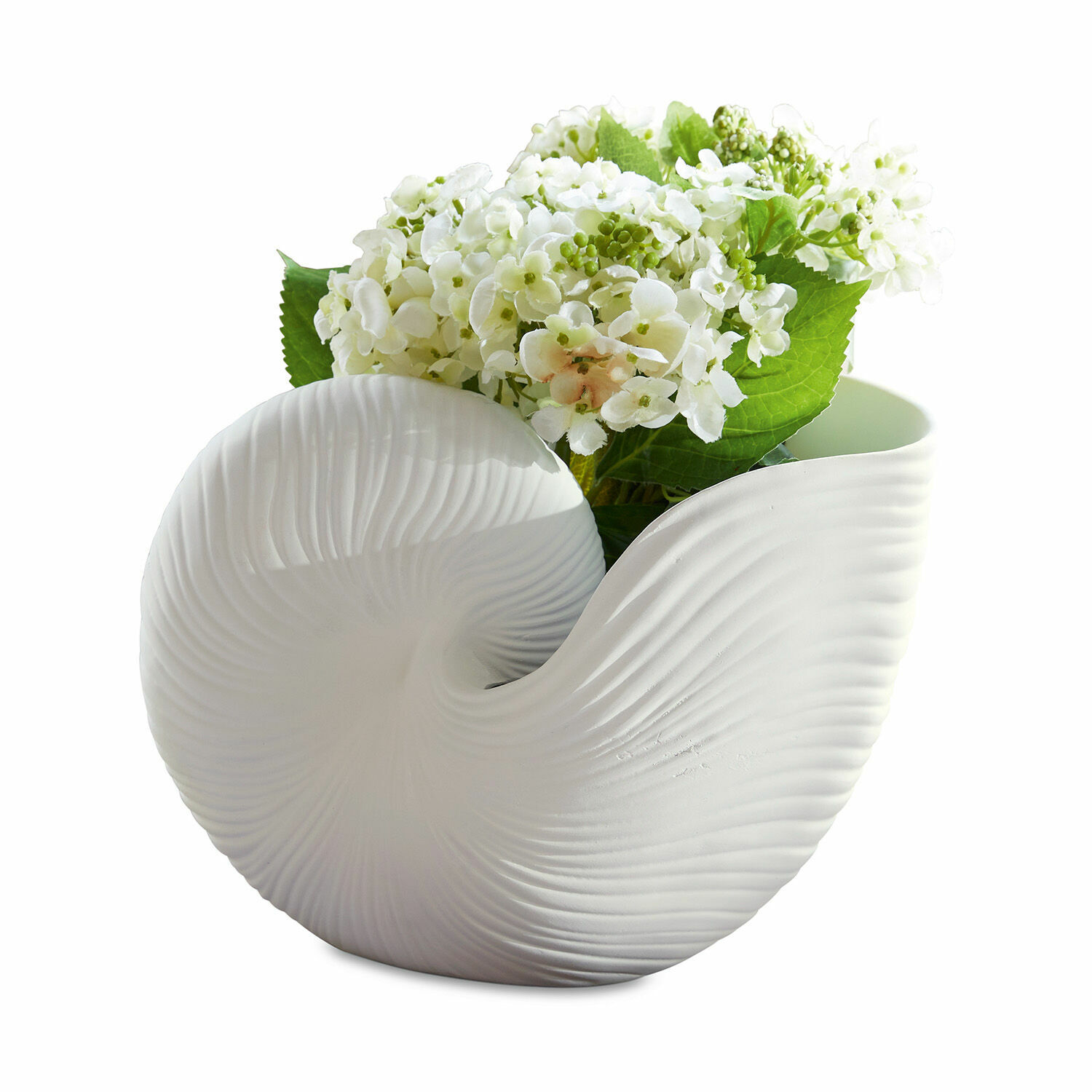Bloempot Manteur Witte keramische vaas in schelpvorm met textuur, versierd met witte bloemen, modern design