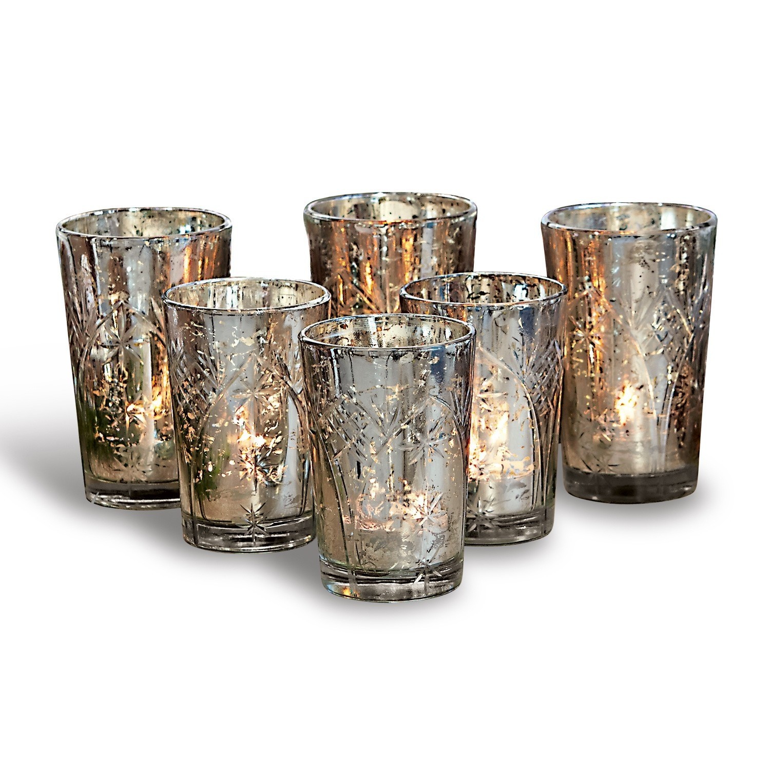 Windlicht set van 6 Latona Set van zes glazen theelichthouders met messing effect en sterpatroon, interieurdecoratie