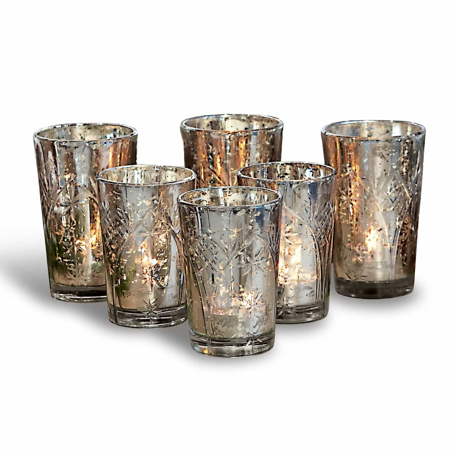 Windlicht set van 6 Latona Set van zes glazen theelichthouders met messing effect en sterpatroon, interieurdecoratie