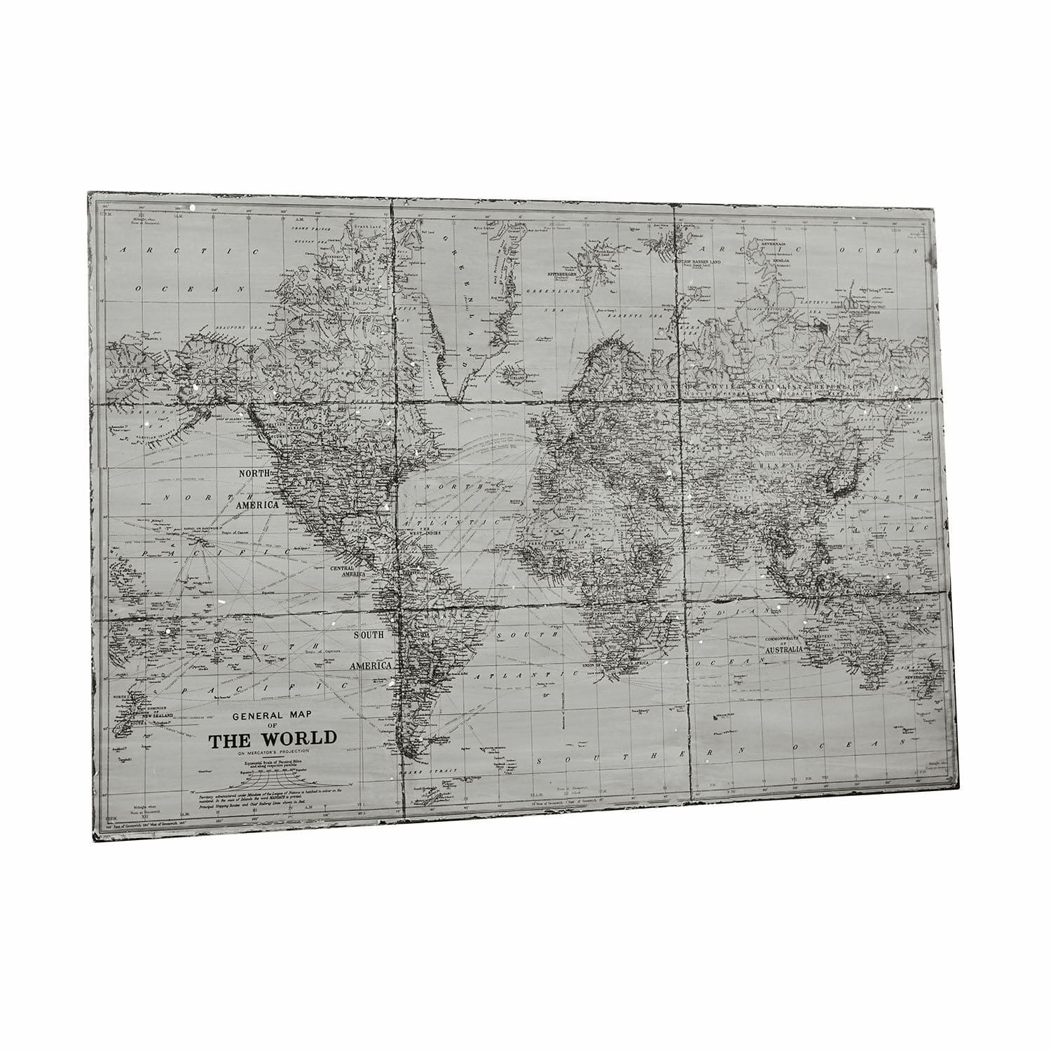 Zwart-witte wereldkaart op canvas met gedetailleerde continenten en zeeën, wanddecoratie