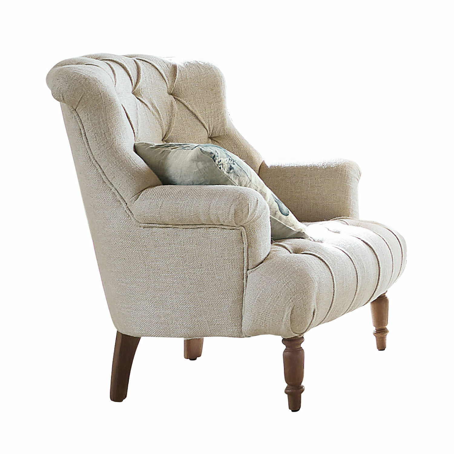 Fauteuil Parranquet Beige gestoffeerde stoffen bank met houten poten en decoratief kussen voor woonkamer