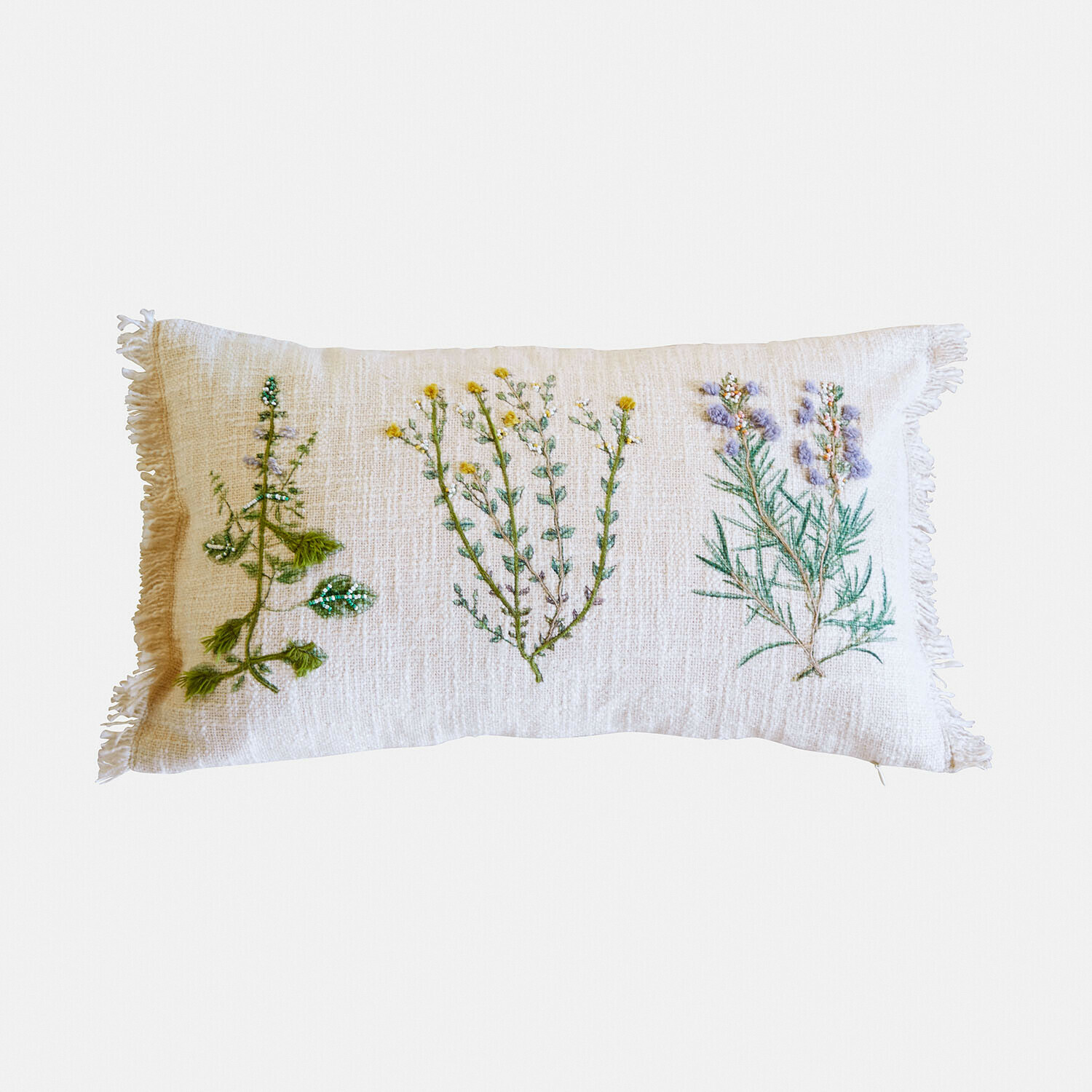 Kussenhoes Sélomiane Rechthoekig crème kussen met geborduurde planten en franjes, decoratief woonaccessoire