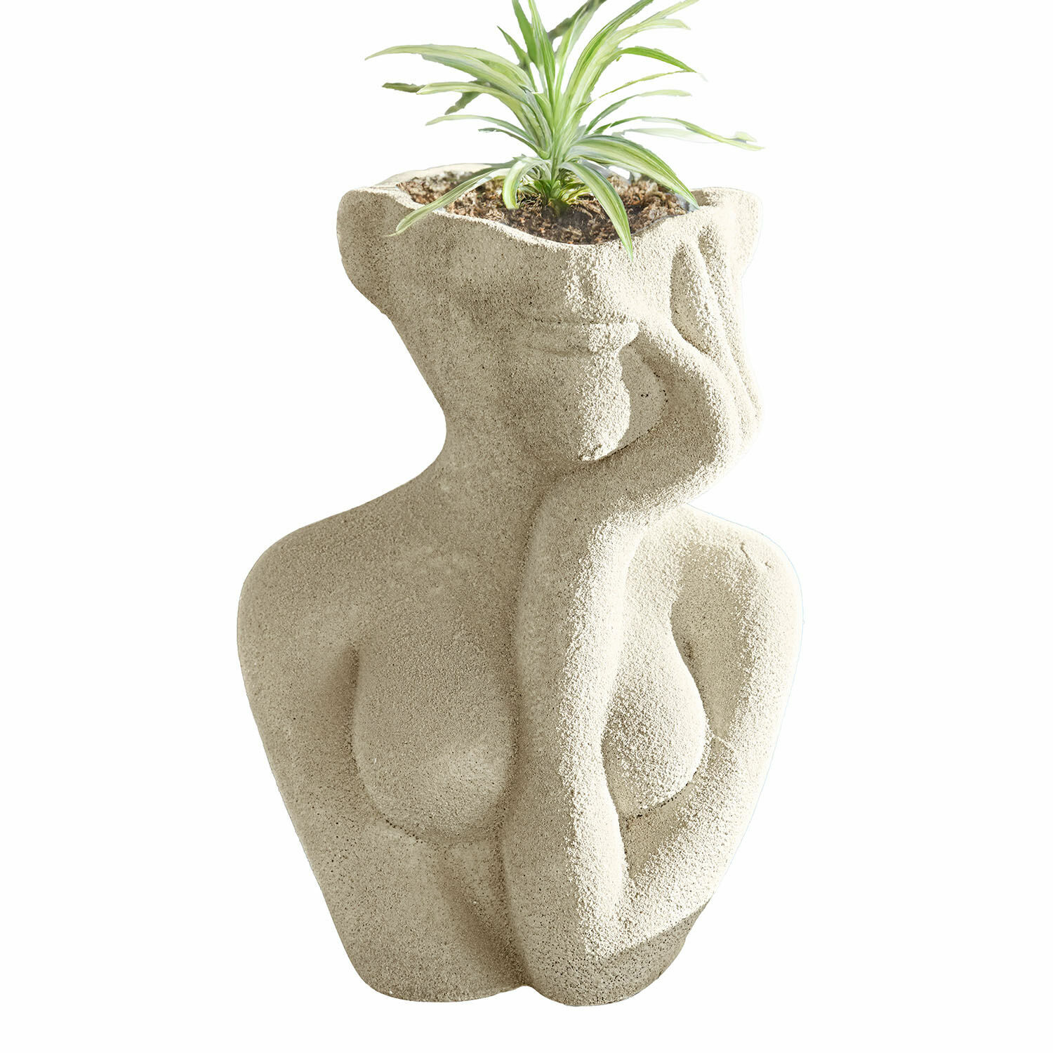 Vaas Jasim Bloempot van beige beton in de vorm van een vrouwelijke silhouet met groene plant