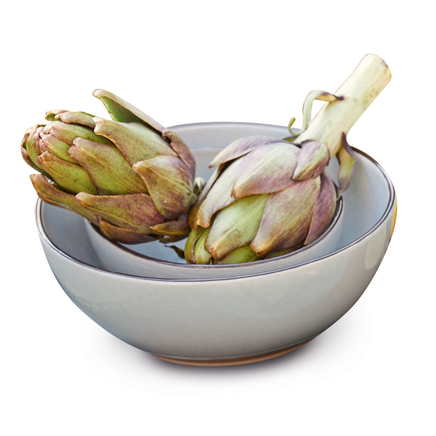 Set van twee grijze keramische Biarritz kommen met artisjokken, perfect voor keuken en decoratie