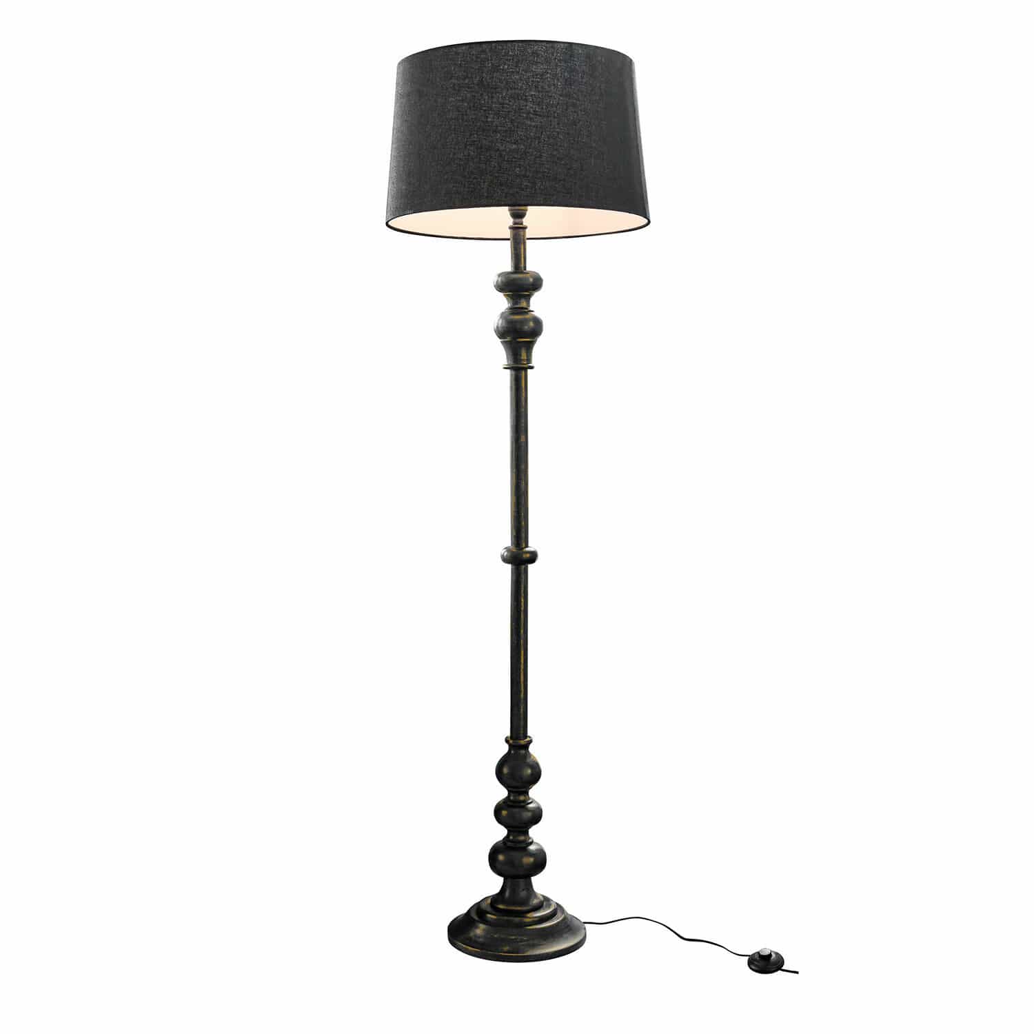 Staande lamp Reville Zwarte vloerlamp van metaal met stoffen kap, vintage stijl voor sfeervolle woonkamer