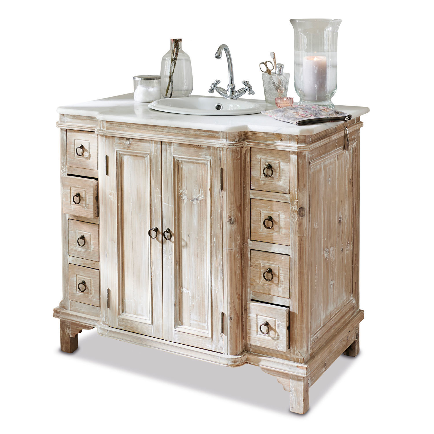 bruin/wit Wit gebleekte houten Waschtisch Sunderland met wastafel en lades voor badkamer