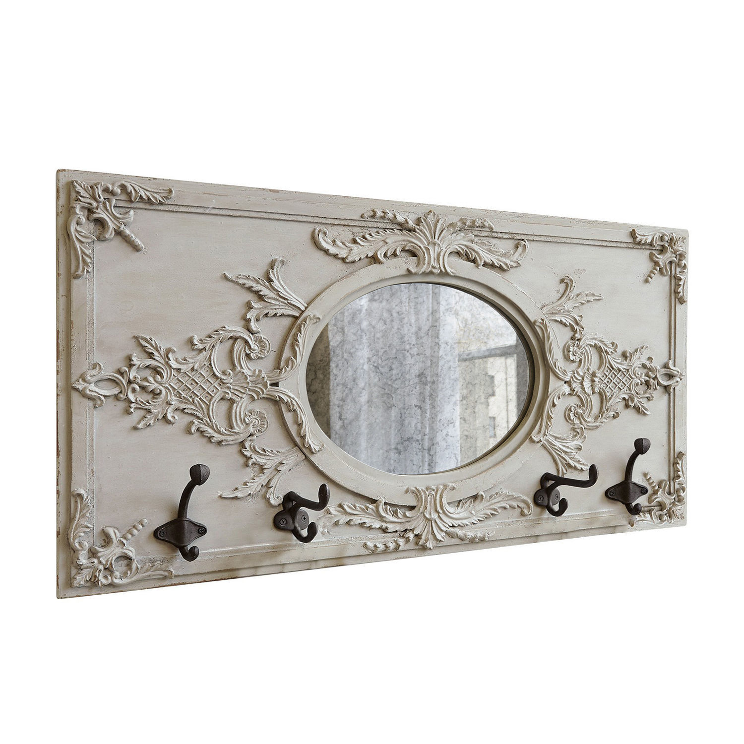 Kapstok Béatrice Decoratieve houten wandkapstok in beige met ovale spiegel en metalen haken