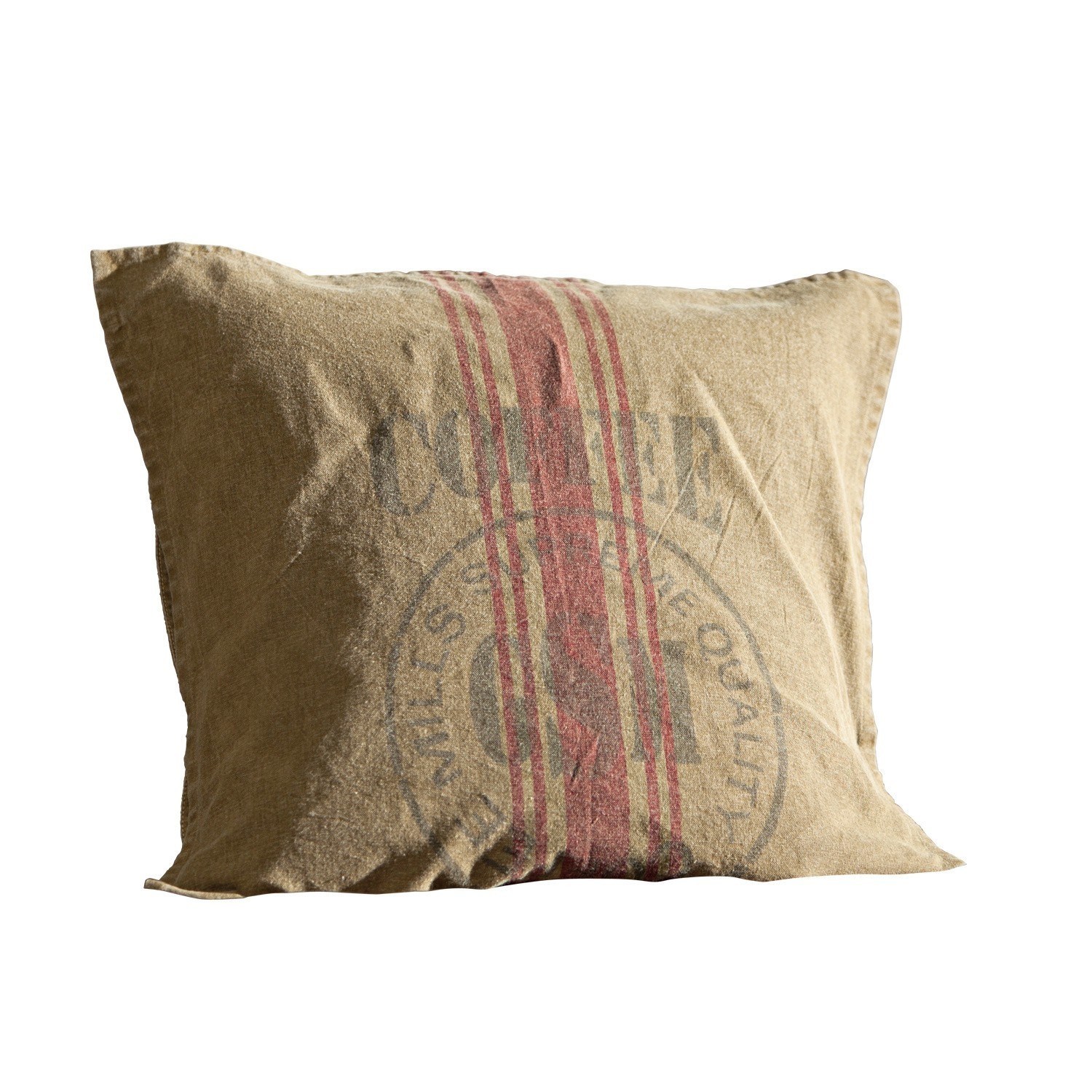 Beige katoenen sierkussen met rode streep en vintage print, decoratief woonaccessoire