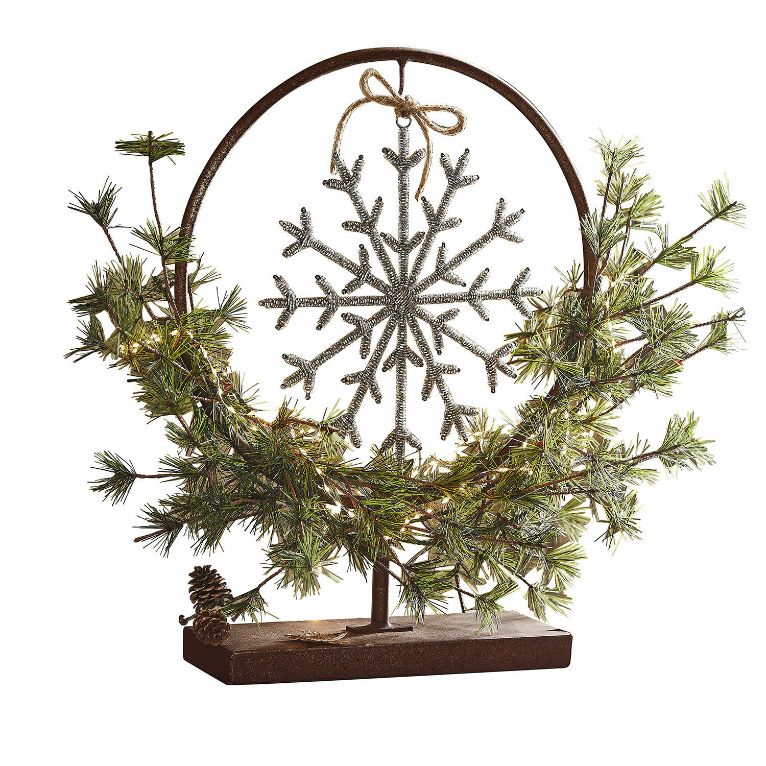 Sierstandaard Nélivanne Kerstdecoratie met metalen standaard, groene takken en zilveren sneeuwvlok