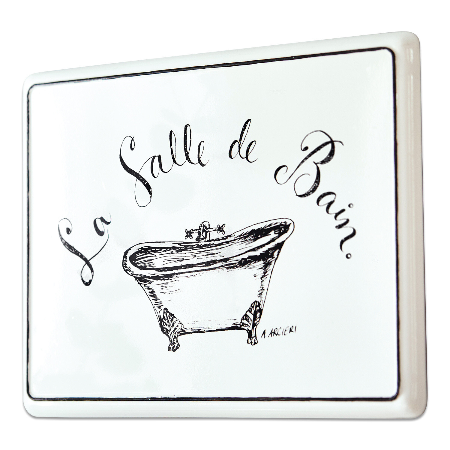 Decoboard La salle de bain Witte keramische plaat met zwarte tekst La Salle de Bain en tekening van een bad voor badkamer