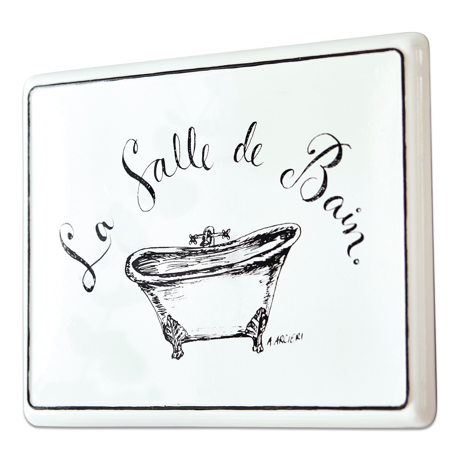 Decoboard La salle de bain Witte keramische plaat met zwarte tekst La Salle de Bain en tekening van een bad voor badkamer
