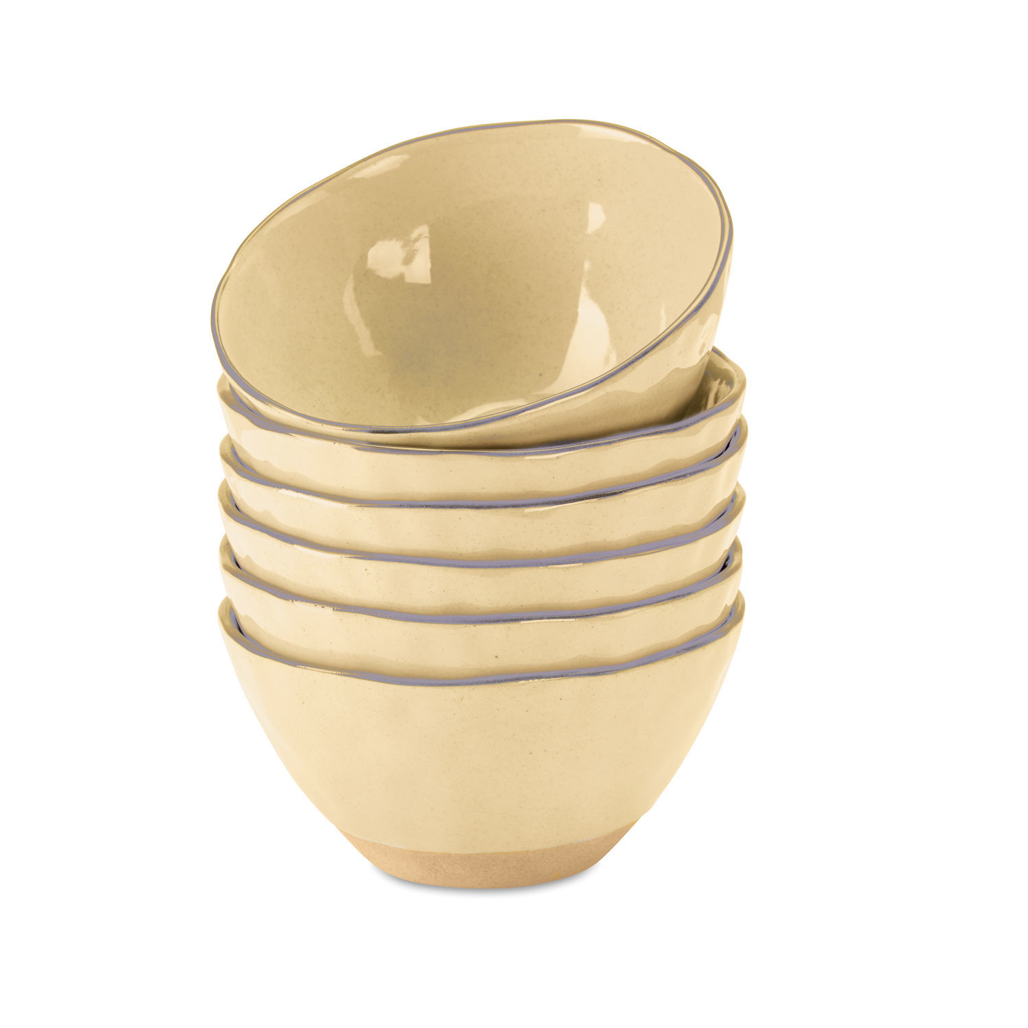Set van 6 gele keramische Biarritz kommen met fijne blauwe rand, geschikt voor keuken