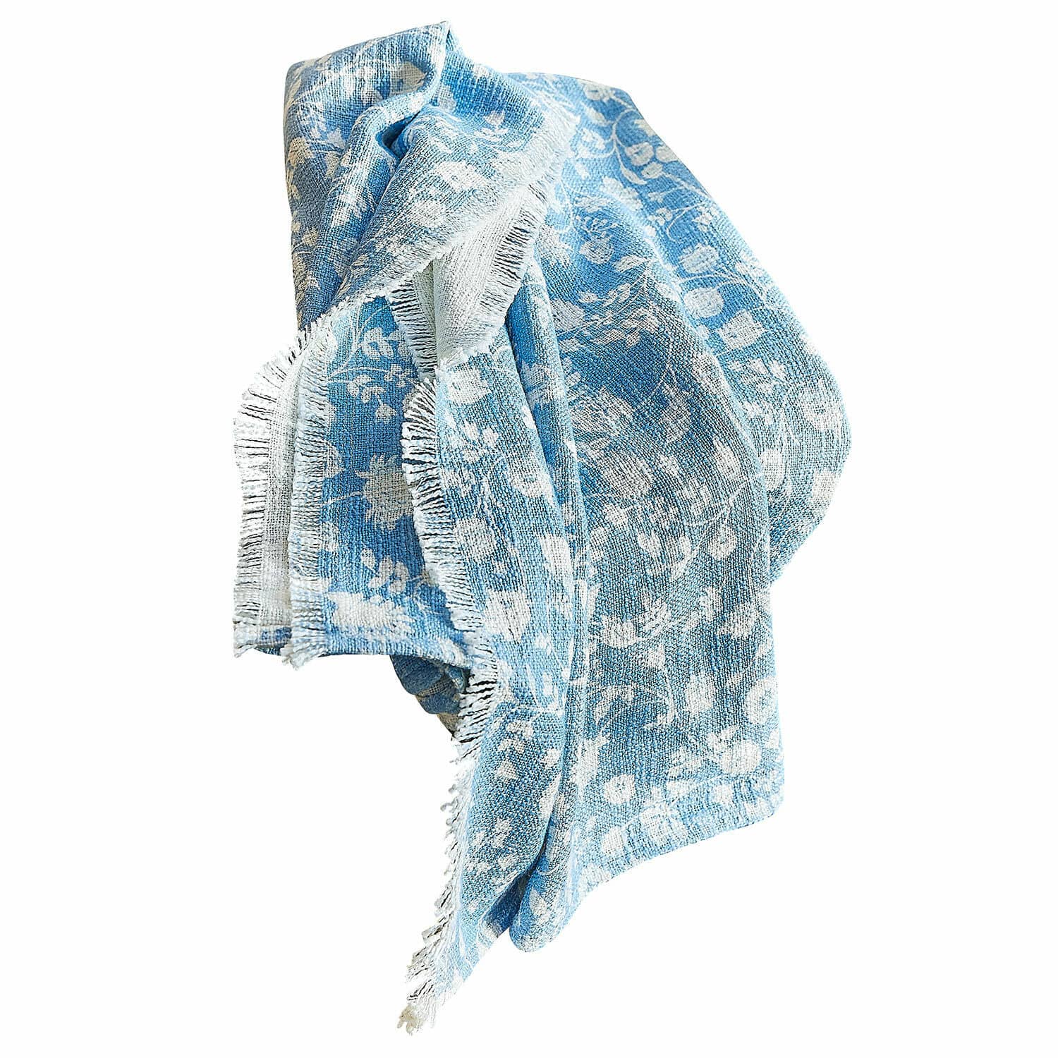 Plaid Corvelique Blauwe katoenen deken met wit bloemenpatroon en franjes, zacht en decoratief