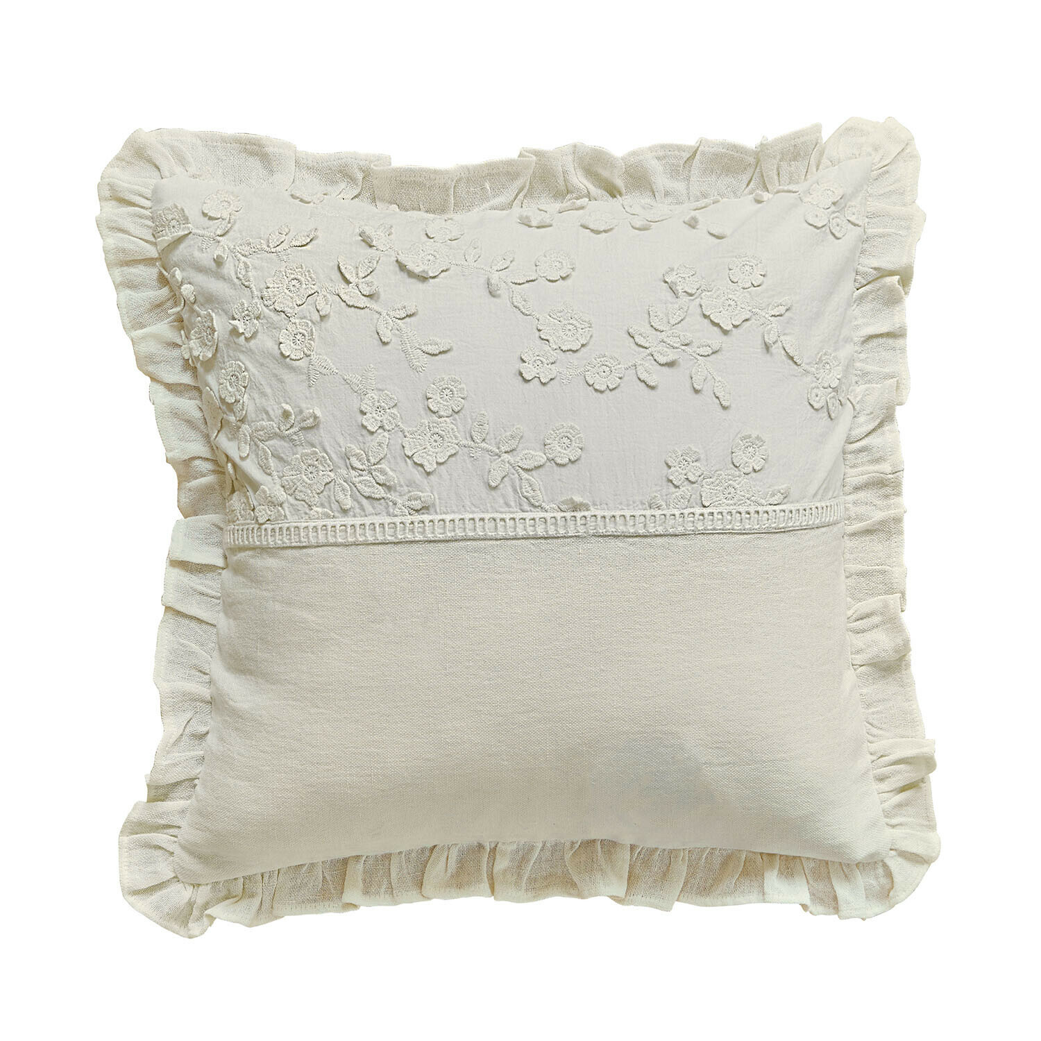 Beige katoenen sierkussen met geborduurde bloemen en ruches, rustieke stijl