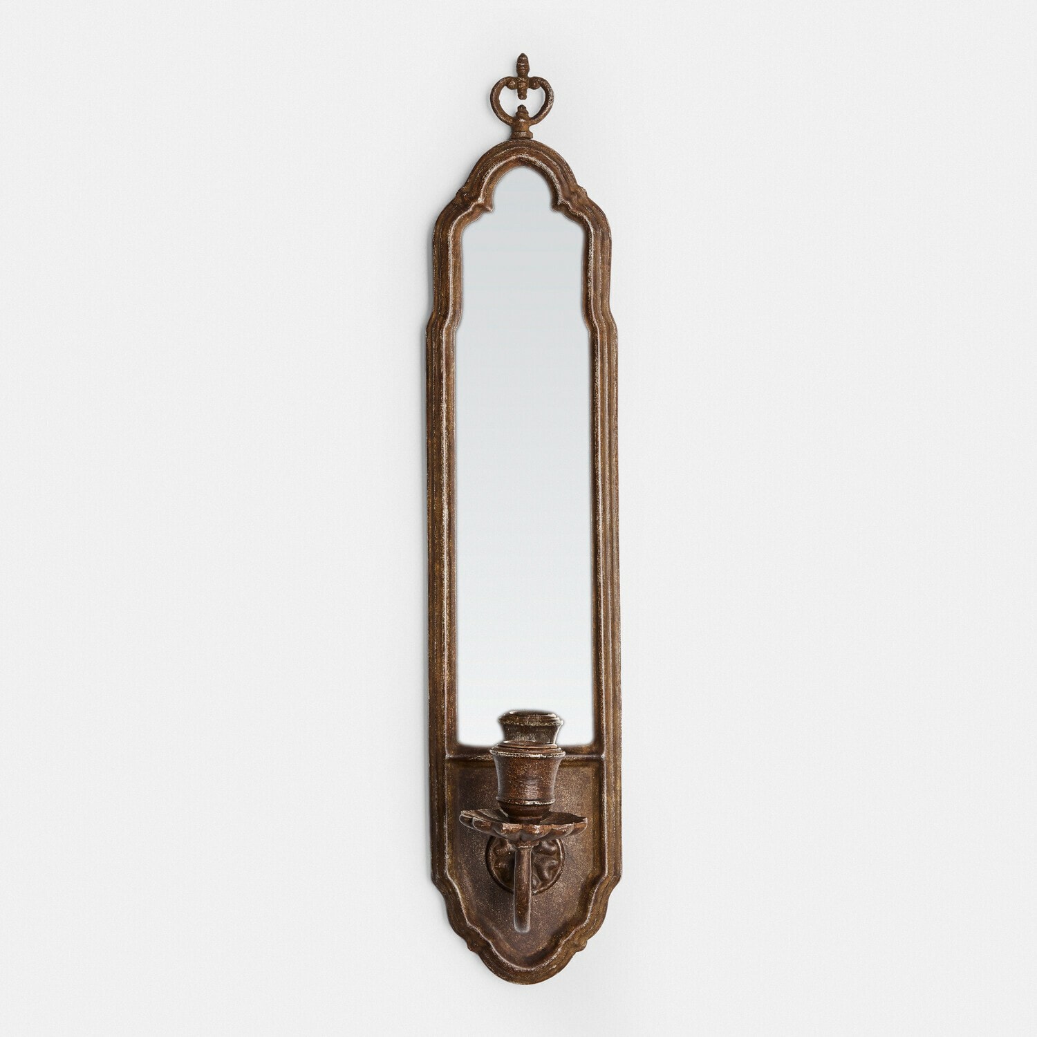 Wandkandelaar Halimya Smalle wandspiegel met bruine metalen lijst en vintage kaarsenhouder