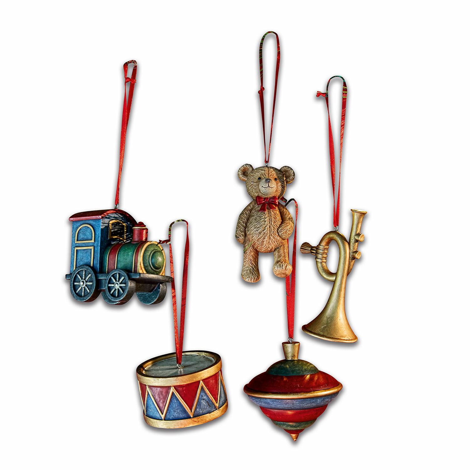 Hanger set van 5 Dassa Set van vijf metalen kerstversieringen: locomotief, trommel, beer, tol en trompet met rode linten