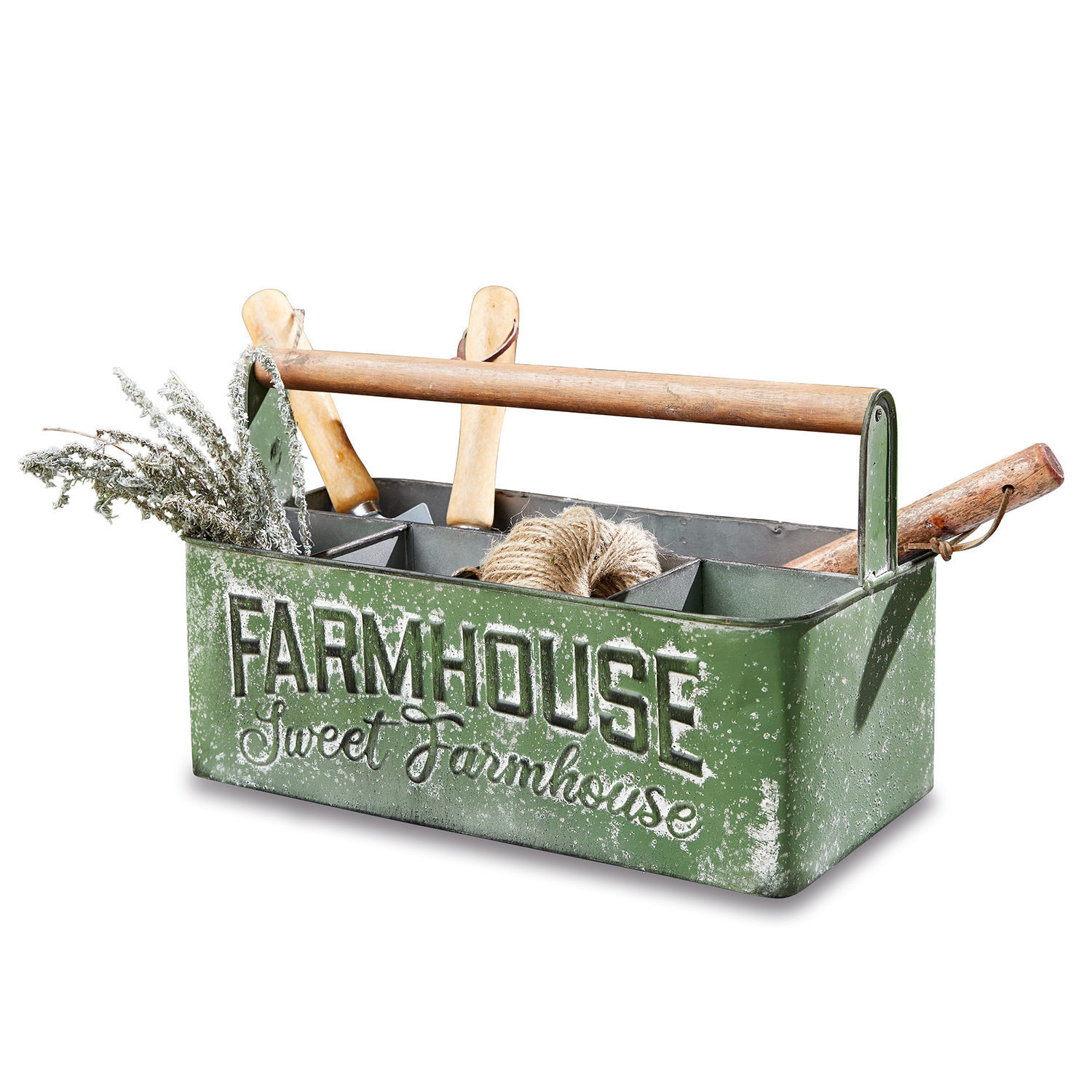 Blikken mand Farmhouse Groene metalen organizer met houten handvat en tekst Farmhouse, gevuld met tuingereedschap en touw