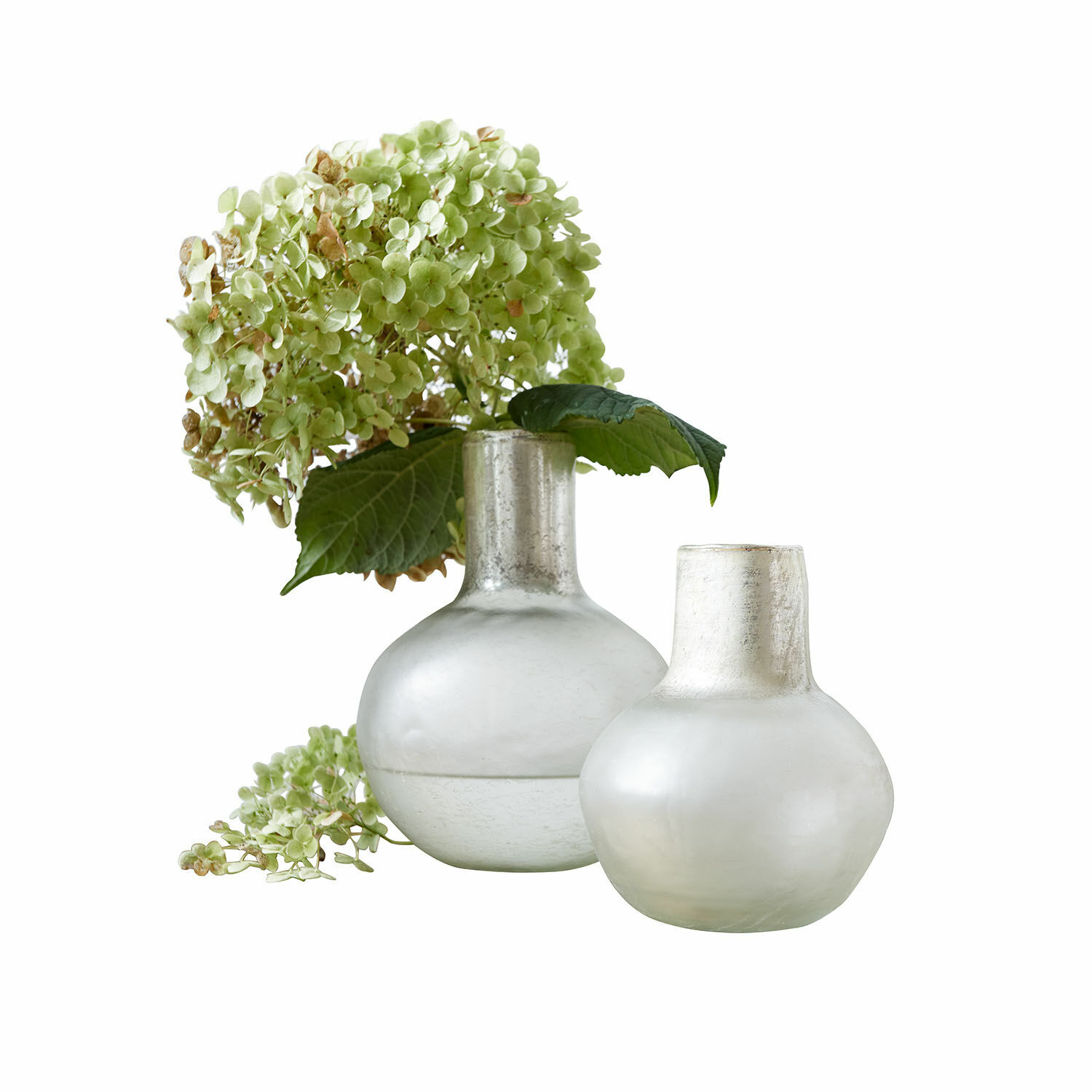 Vaas set van 2 Nazira Twee matte melkglas kleurige vazen met groene hortensia bloemen voor interieurdecoratie