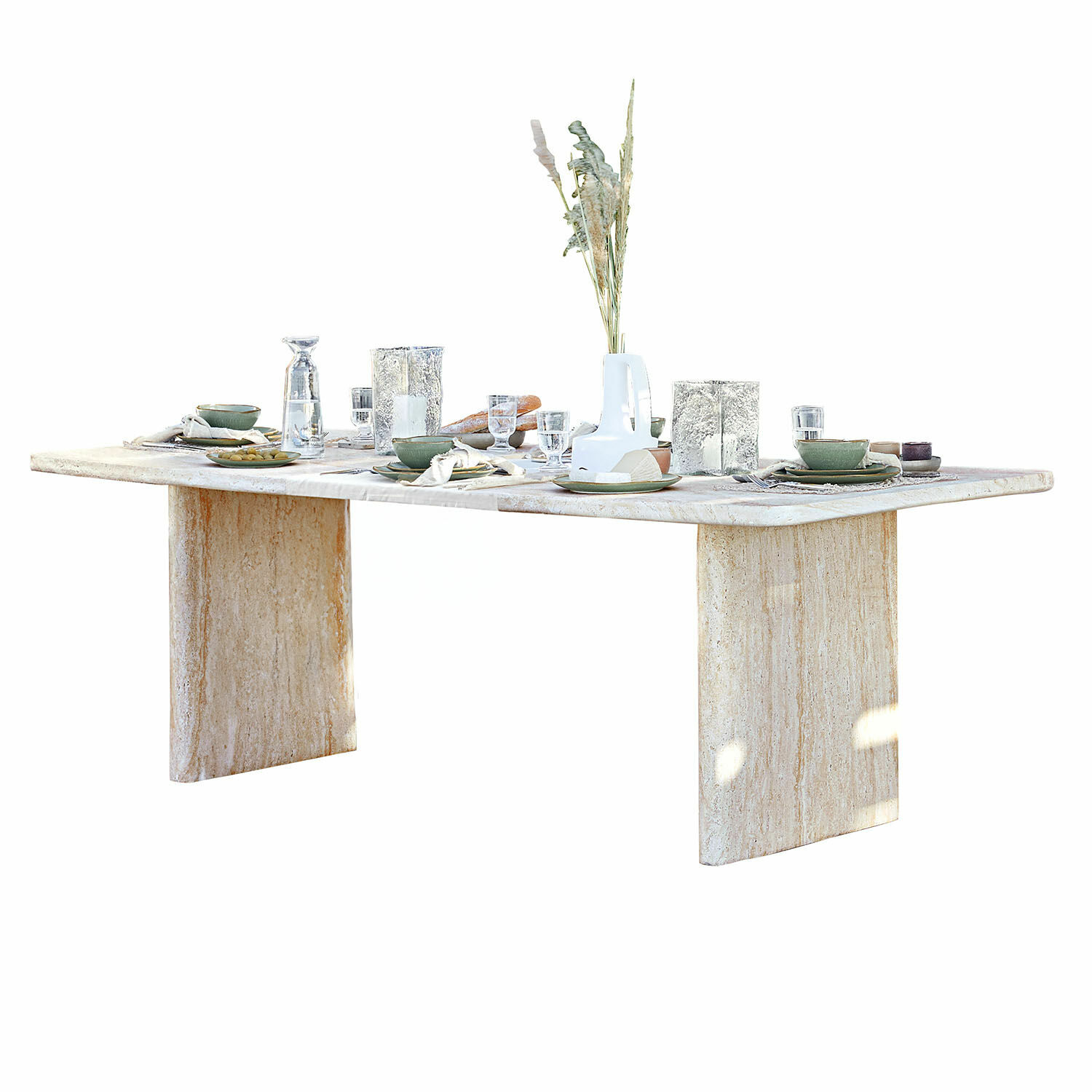 Eettafel Yveline Eettafel van licht marmer met tafeldecoratie en groen servies, modern design