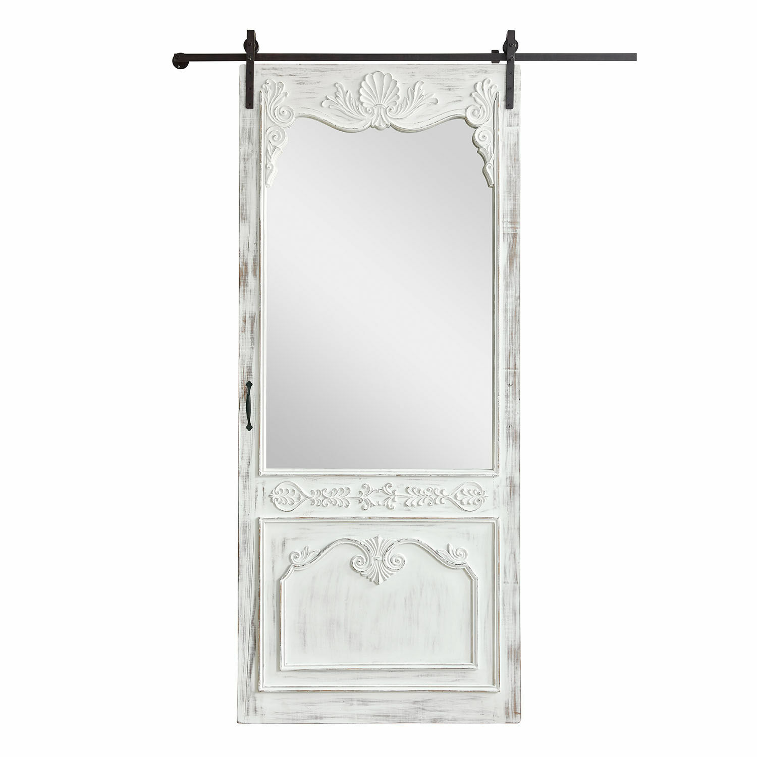 Schuifdeur Penworth Witte houten schuifdeur met spiegel en decoratieve houtsnijwerk in vintage stijl