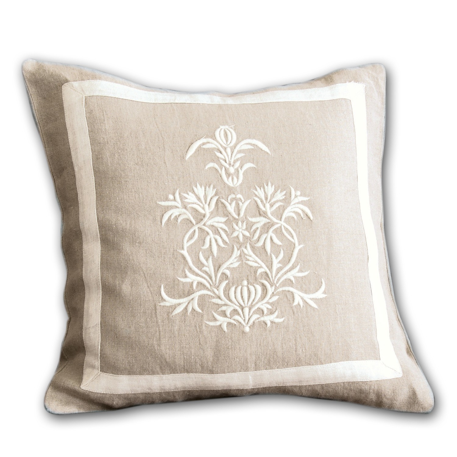 Kussenhoes Many Beige linnen kussen met witte borduur en rand, decoratief kussen voor woonkamer en slaapkamer