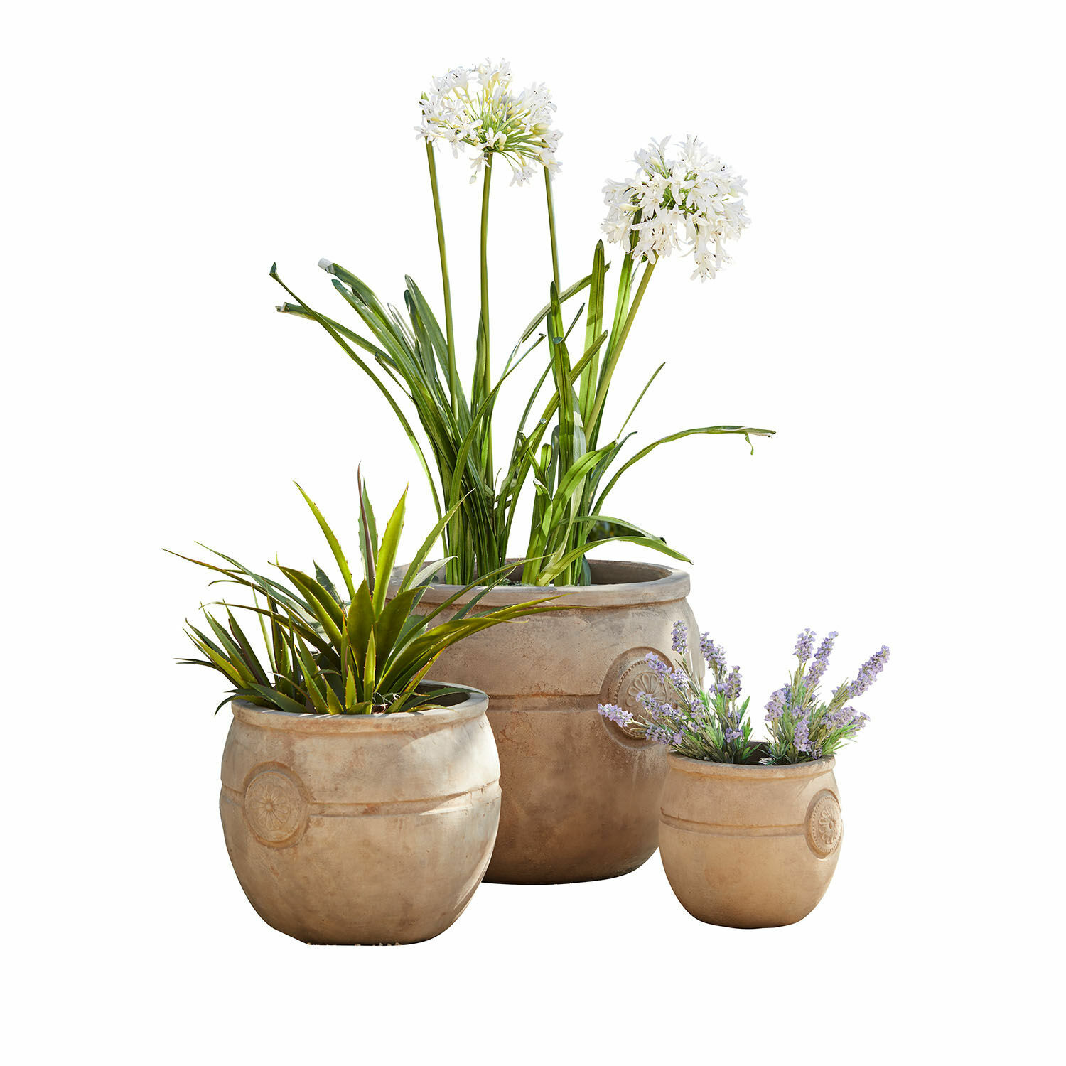 Bloempot set van 3 Clorivon Set van drie beige bloempotten met decoratieve planten voor tuin en interieur
