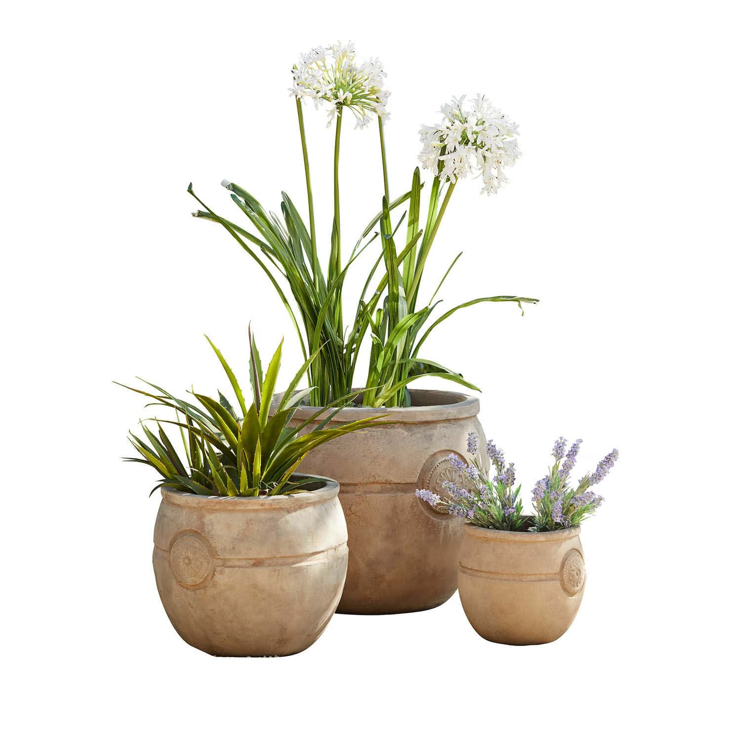 Bloempot set van 3 Clorivon Set van drie beige bloempotten met decoratieve planten voor tuin en interieur