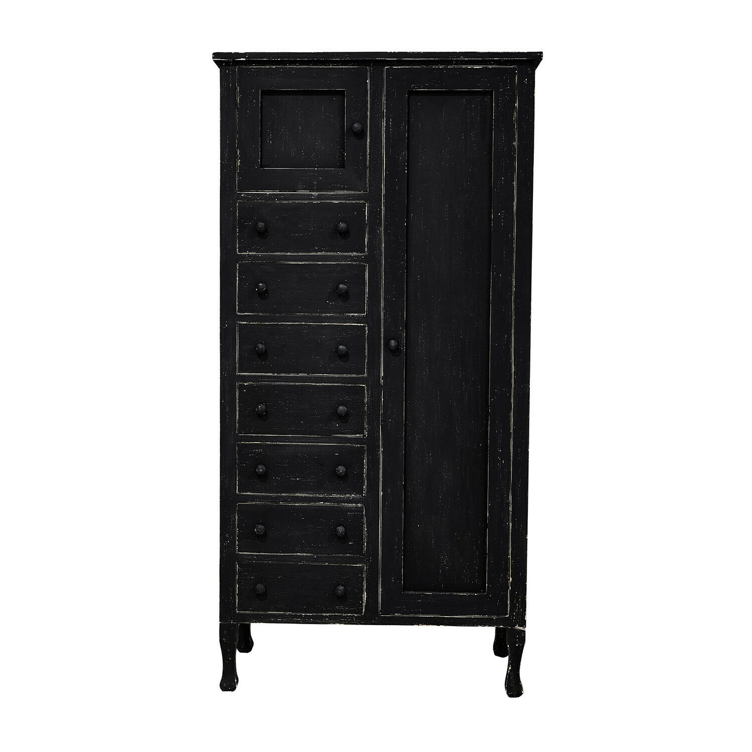 antiekzwart Antiekzwarte houten kast Amourien met lades en deur, vintage opbergmeubel