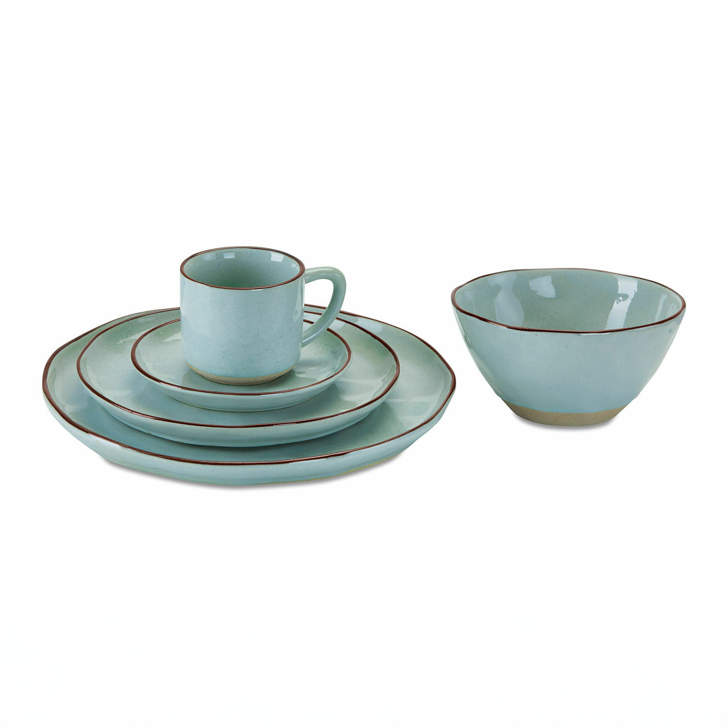 Servies set van 30 Biarré Blauw keramisch servies met bruine rand, borden, kopje en kom voor de eettafel
