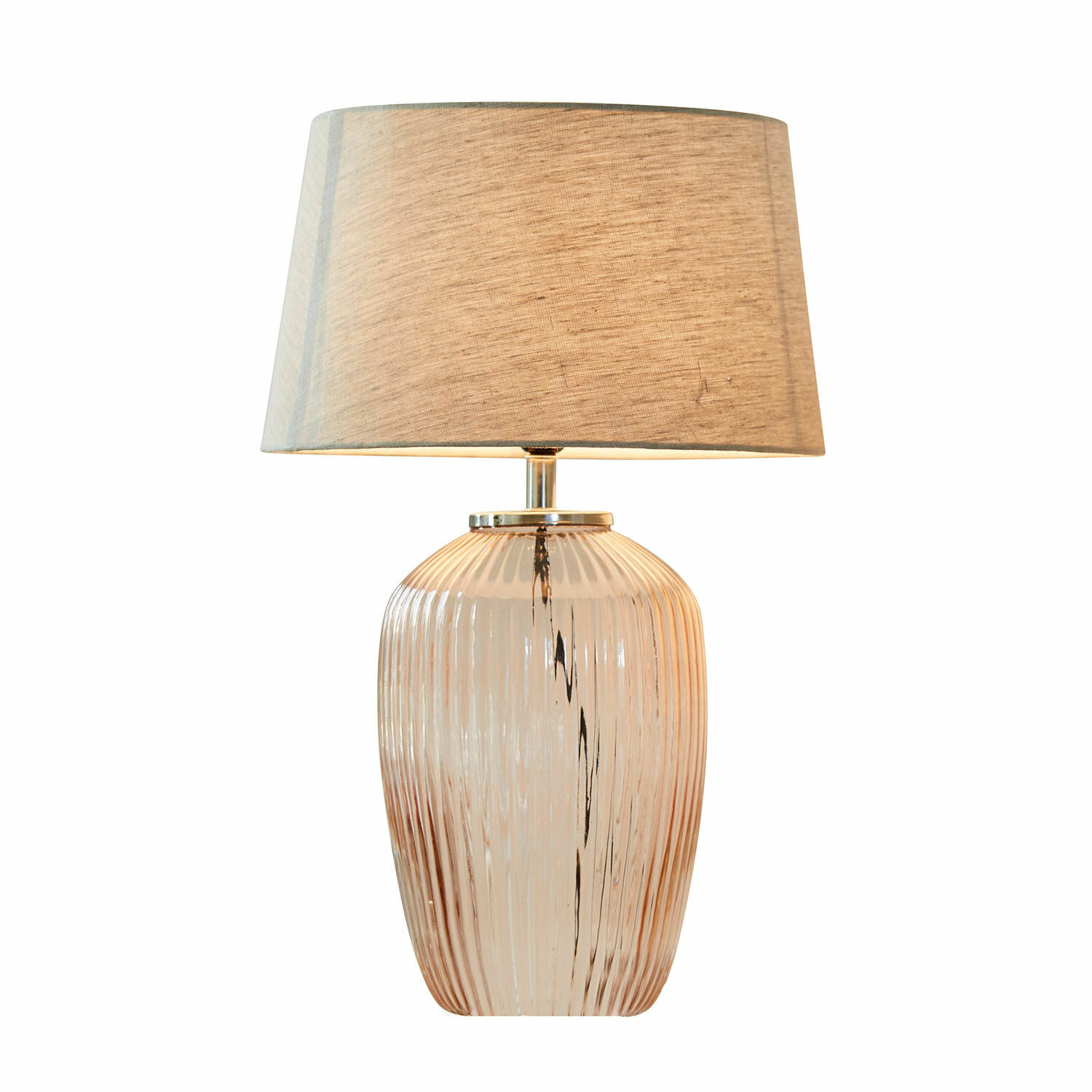 crème/roze Tafellamp Fenis met crèmekleurige kap en roze glazen voet, decoratieve woonverlichting