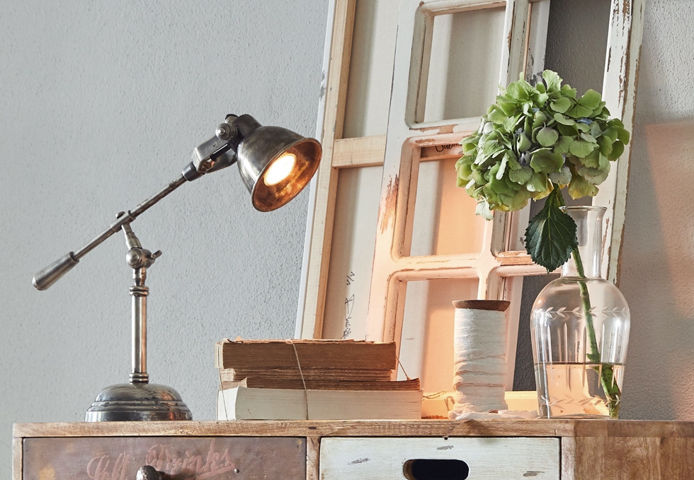 Industriële metalen bureaulamp op houten kast met boeken en vaas met groene bloem