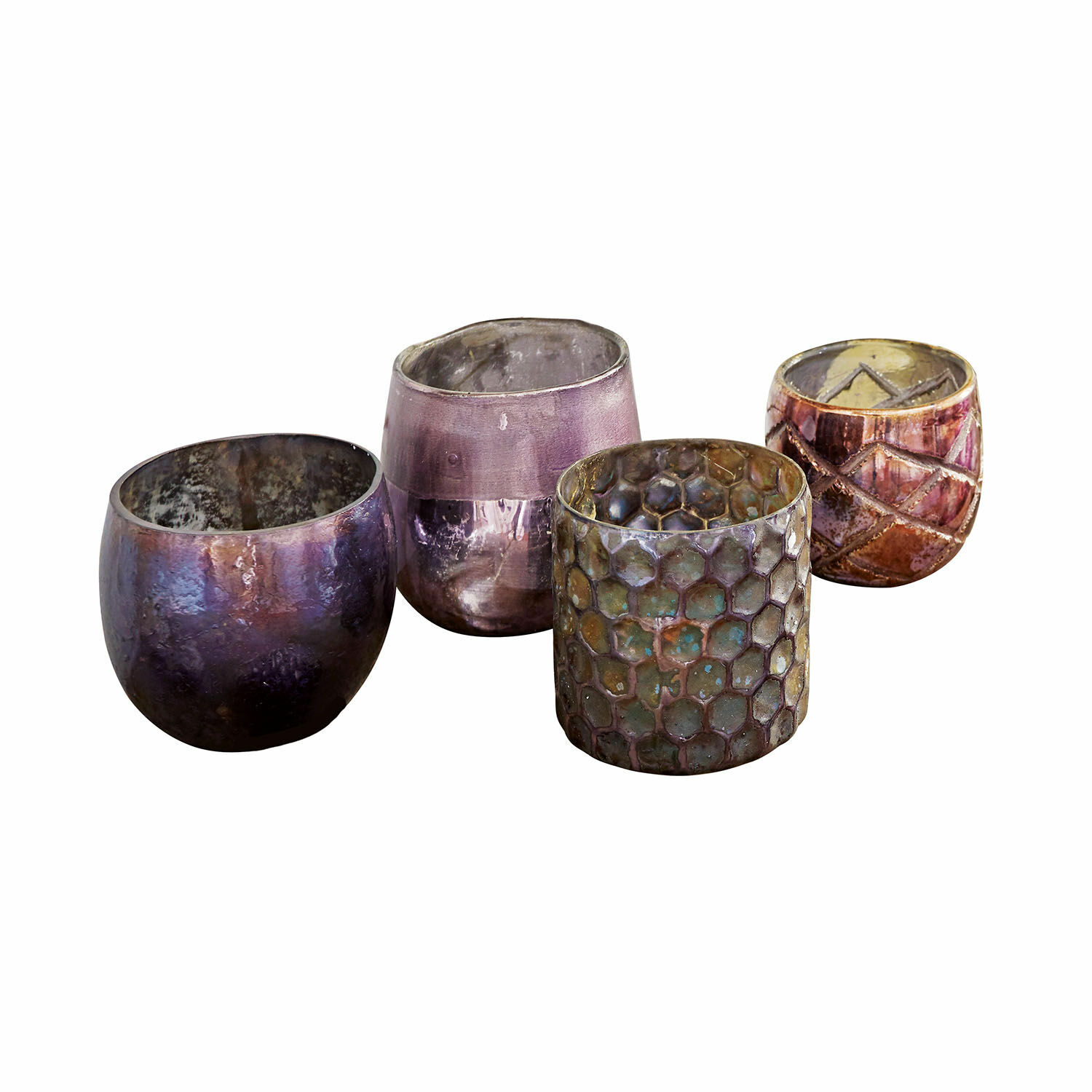 Windlicht set van 4 Marine Set van vier glazen theelichthouders in paarse en bruine tinten met texturen en decoratieve patronen