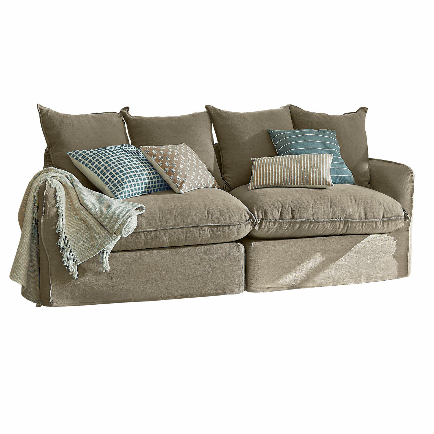 Bank Dunswater Beige stoffen bank met kussens in blauw- en beigetinten en lichte plaid