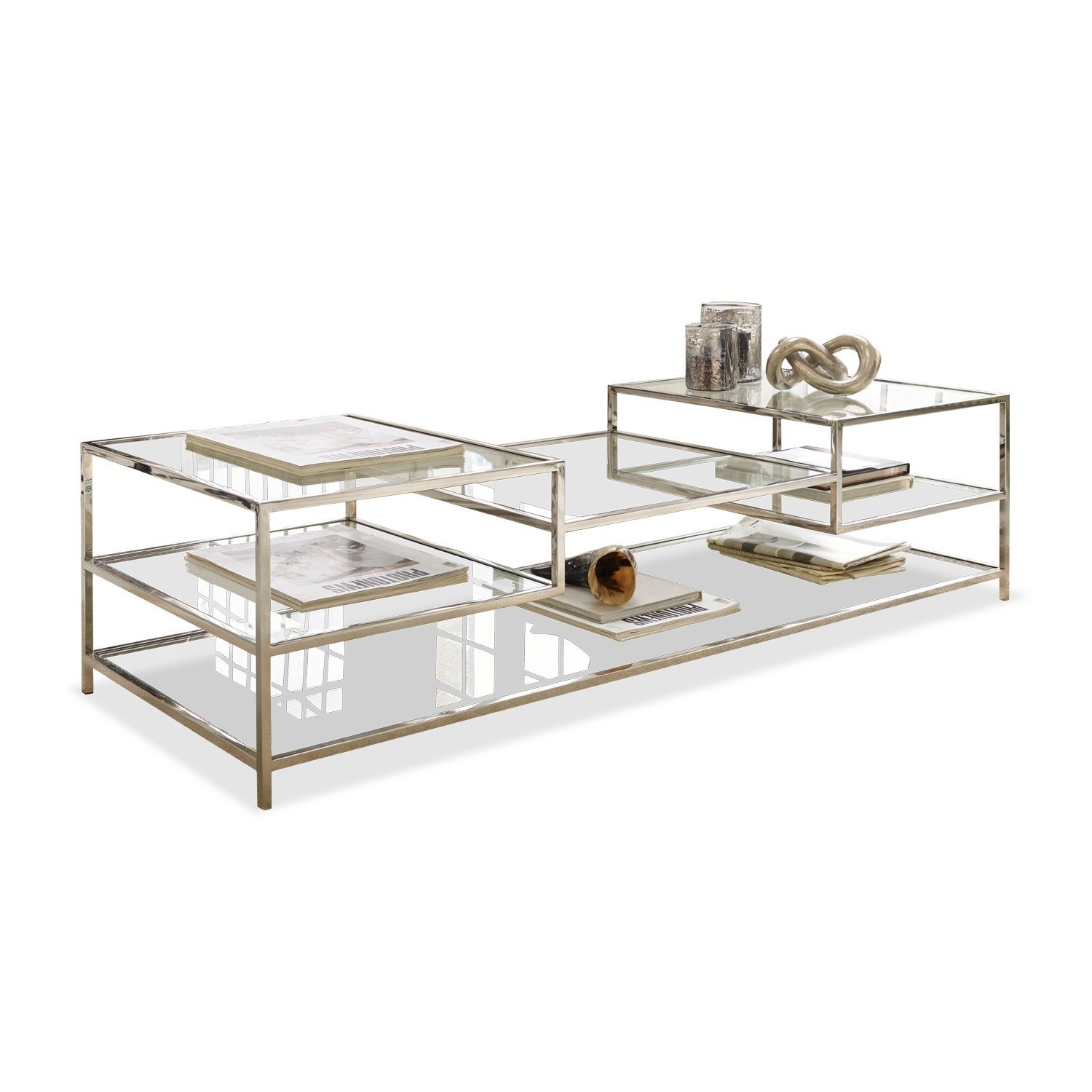 Salontafel Byllis Moderne salontafel van glas en zilverkleurig metaal met planken voor boeken en decoratie