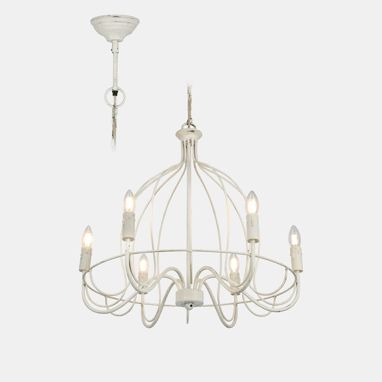 Kroonluchter Montarise Witte metalen vintage kroonluchter met zes lampen, decoratief verlichtingsobject voor binnen