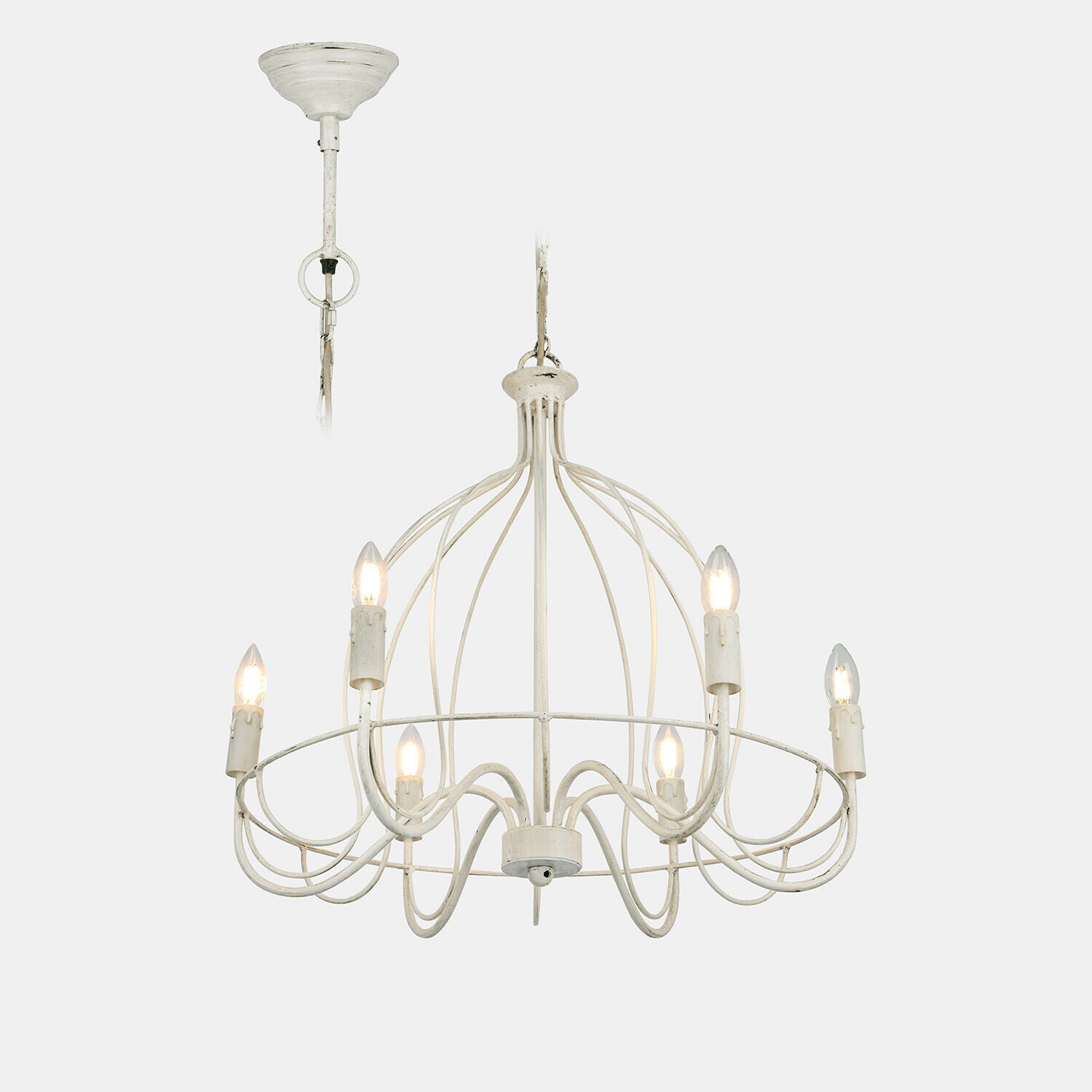 Kroonluchter Montarise Witte metalen vintage kroonluchter met zes lampen, decoratief verlichtingsobject voor binnen