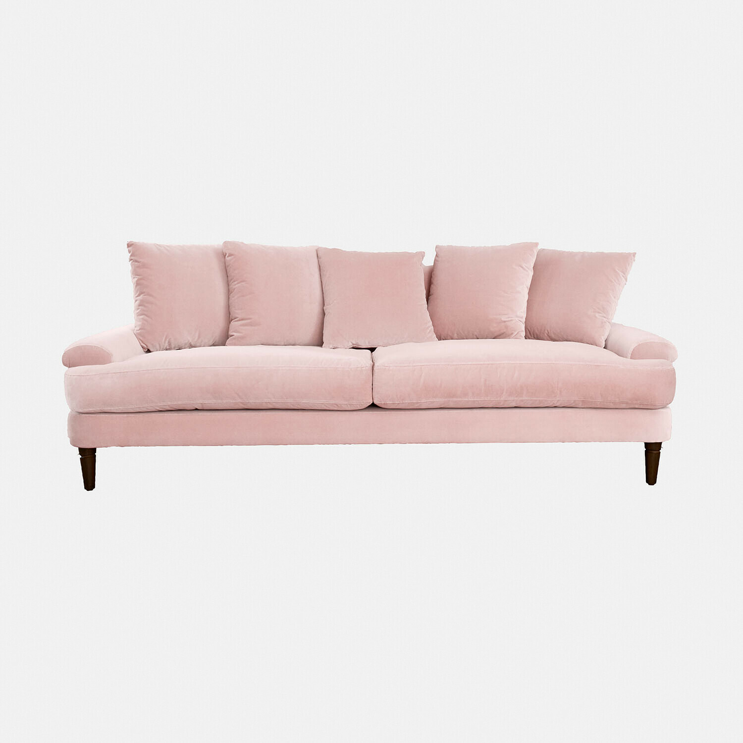 lichtroze Roze Rivermere bank van zachte stof met kussens, comfortabele woonkamermeubel