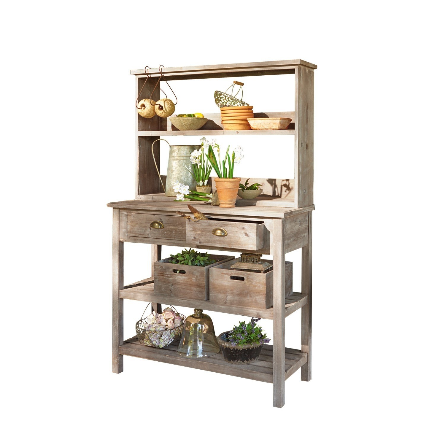 Plantentafel Landover Houten tuinkast met planken en lades, versierd met bloempotten en tuingereedschap