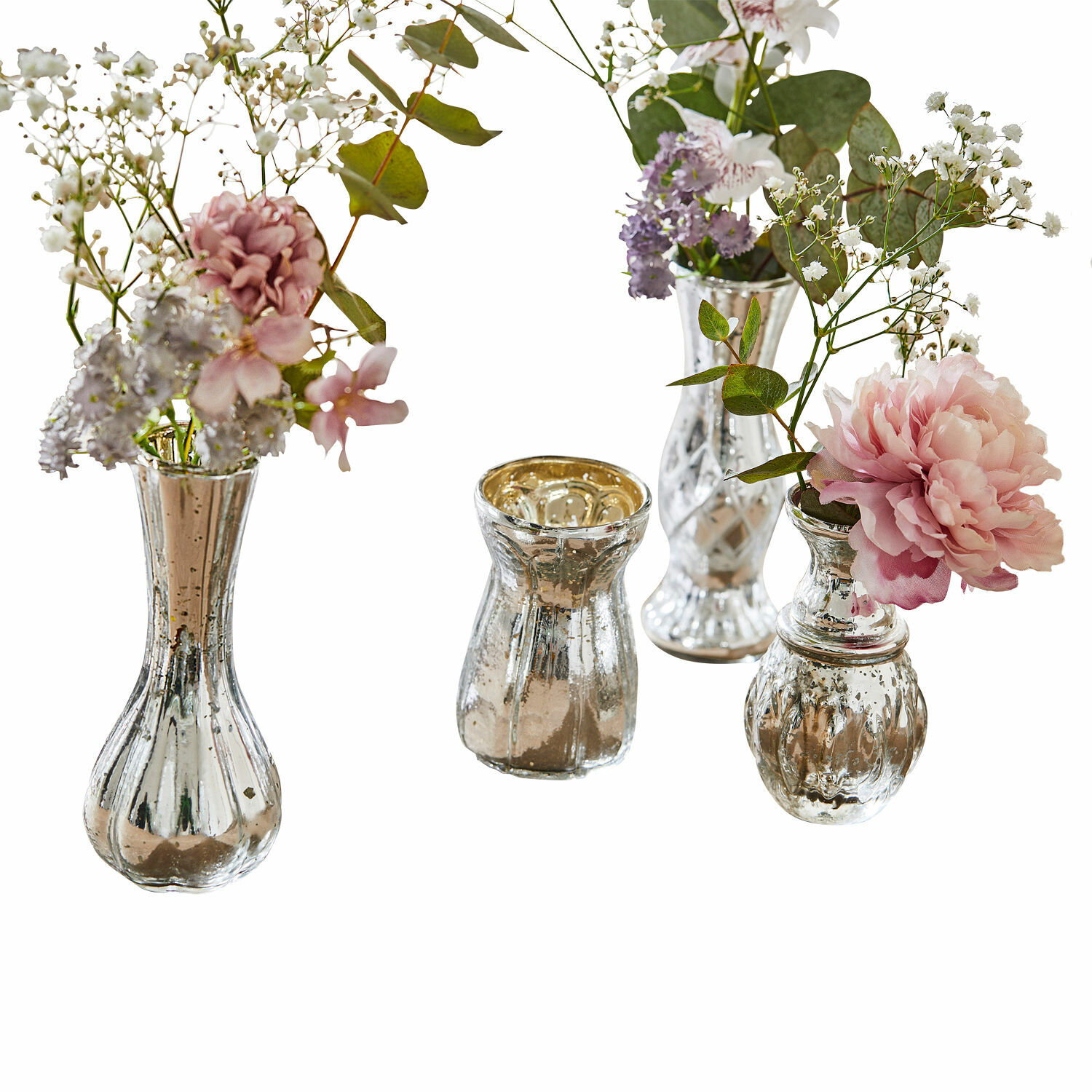 Decoratieve vaas set van 4 Maelie Set van vier zilverkleurige glazen vazen met decoratieve bloemen voor interieur