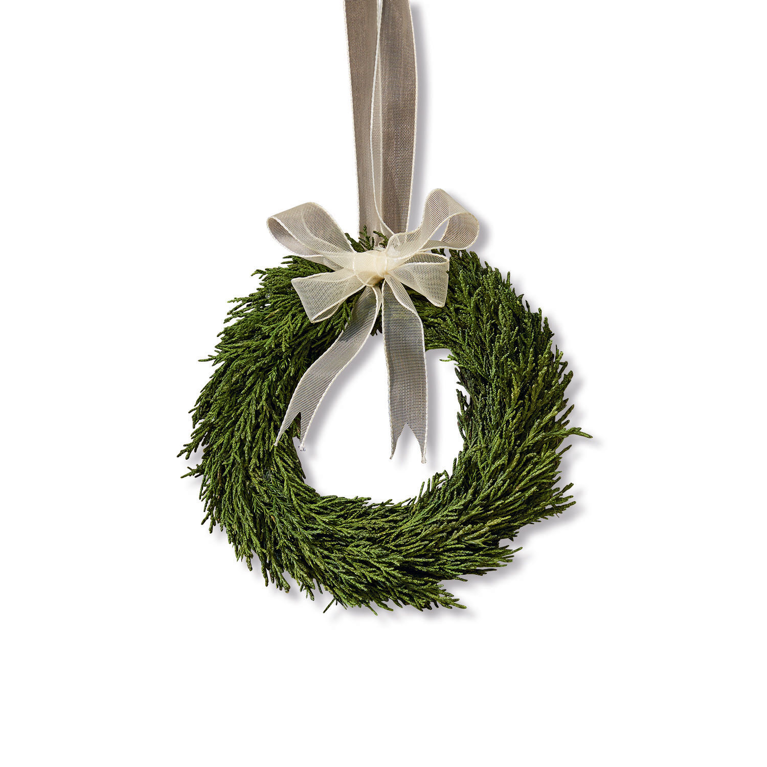 Krans Sare Groene krans van takken met beige strik om op te hangen, feestelijke deurdecoratie