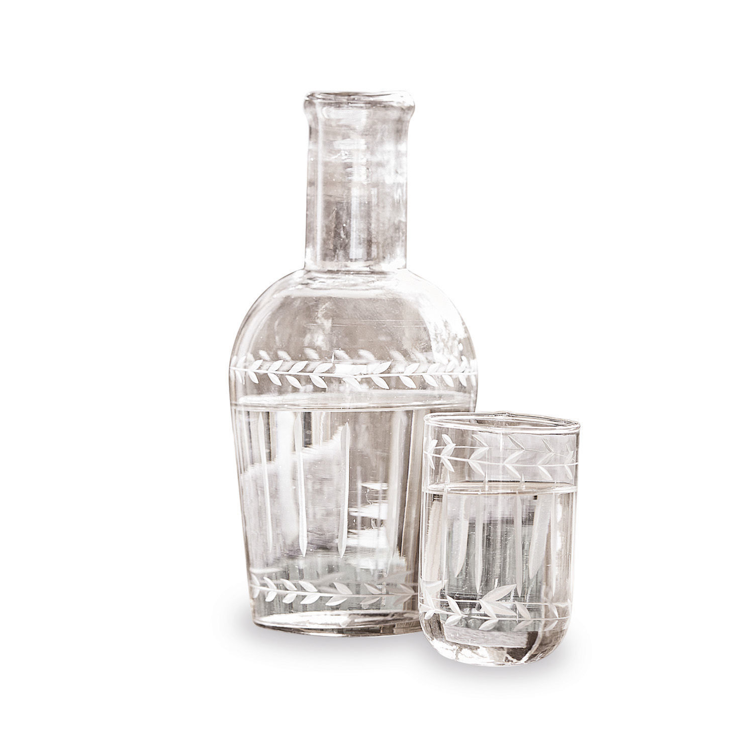 Karaf Mardor Transparante glazen karaf en glas met gegraveerd bladmotief voor dranken