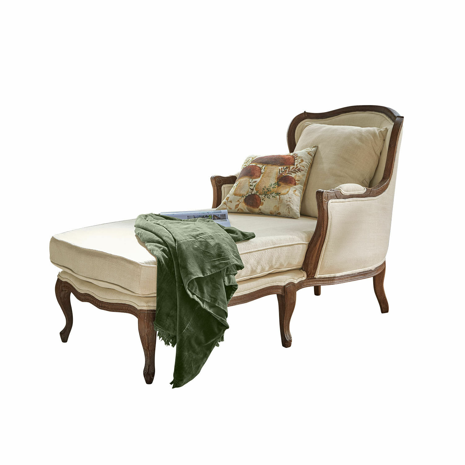 Chaise longue Muel Elegante chaise longue met beige stof en houten frame, groene deken en kussen met paddenstoelenmotief